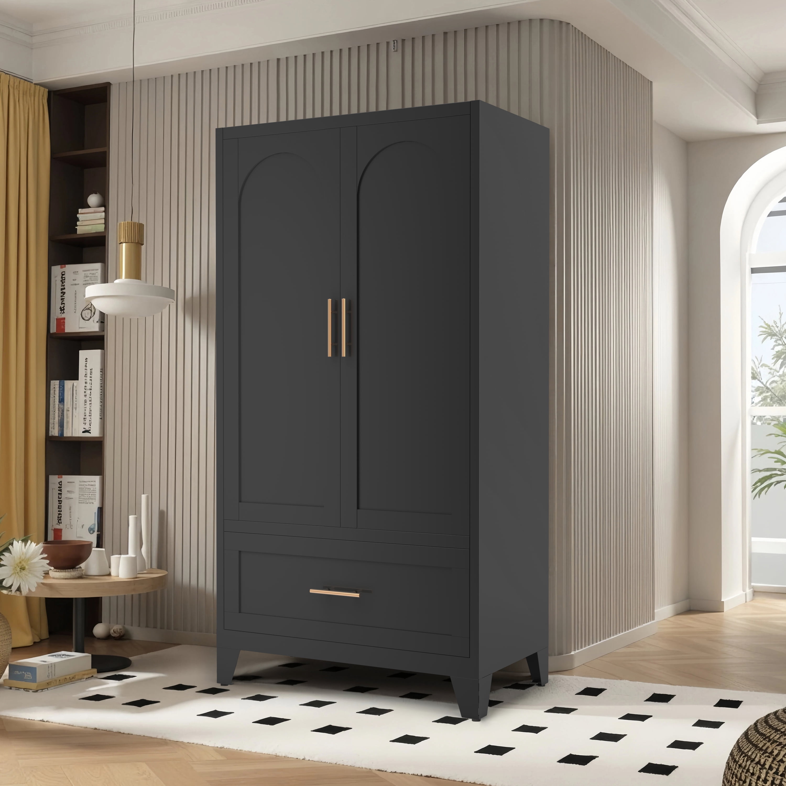 Miniyam 60" Tall Metal Wardrobe Cabinet with 1 Drawer & Hanging Rod, 2-Door Storage Closet for Bedroom Office Laundry Room (Black)
