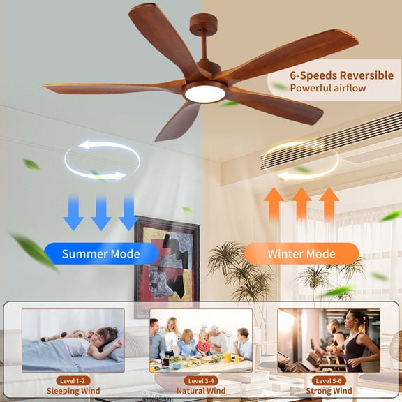 Miniyam 60 inch Wood Ceiling Fan with Lights and Remote, 5 Solid Wood Blades, Low Profile Ceiling Fan with Light, 6 Speed, Reversible DC Motor, for Bedroom/Outdoor/Farmhouse/Patios