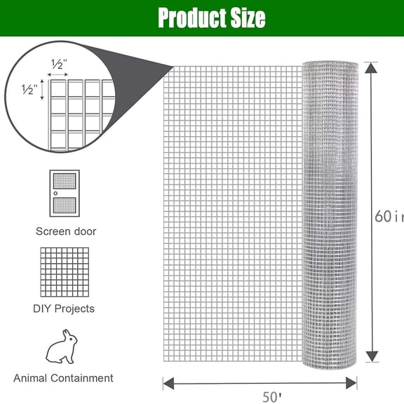 Miniyam 60" x 50' - 1/2 Inch 19 Gauge Silver Vinyl Coated Galvanized Wire Mesh, Poultry Netting and Farm Fence for Garden Animal Protection and Plant Support
