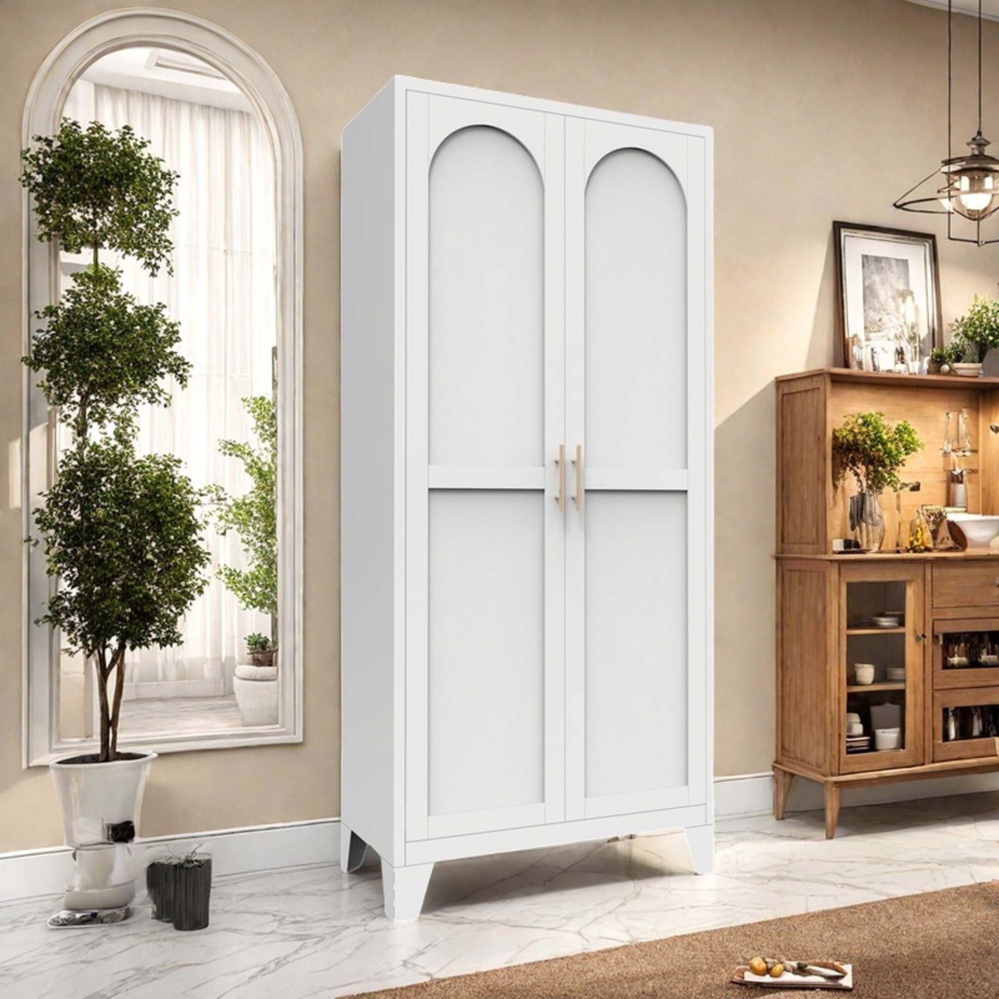Miniyam 61"H Metal Storage Cabinet with 2 Shaped Doors & Adjustable Shelves – White, for Bedroom/Living Room