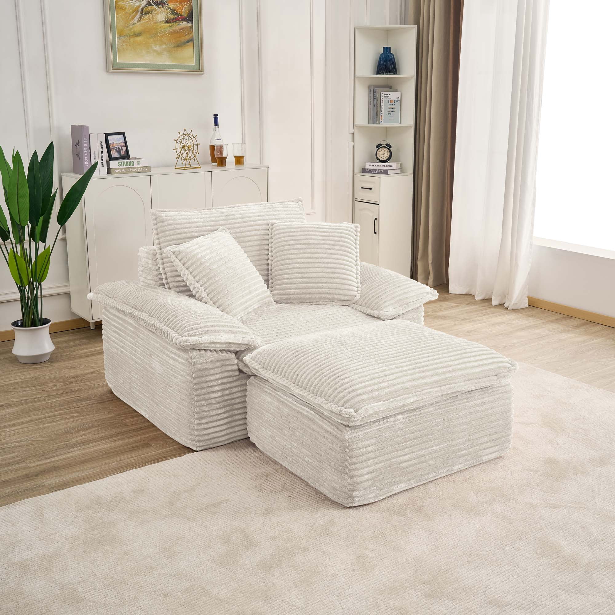 Miniyam 63" x 47" Oversized Chaise Lounge Chair Indoor with Thick-Cushioned Ottoman, Cloud-Like Comfort, No Assembly Required, Beige