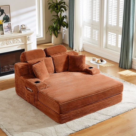 Miniyam 64in Compressed 2-in-1 Upholstered Chaise Sleeper Compressed Sofa Bed No Assembly Required, Orange