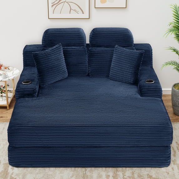 Miniyam 64in Upholstered Chaise Lounge With 2 Pillows, Oversized Corduroy Sleeper With 2 Headrests and 2 Back Cushions, Blue