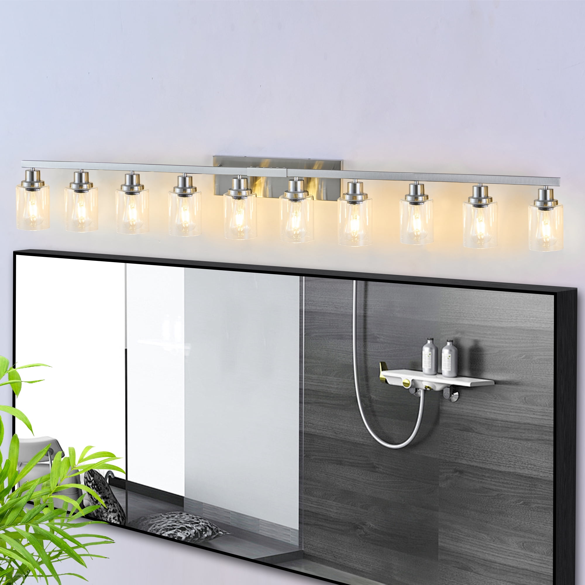 Miniyam 65" Brushed Nickel 10 Light Bathroom Light Fixtures, Modern Vanity Light with Clear Glass, Lighting Fixtures Over Mirror, Large Vanity Lights for Bathroom (E26, No Bulbs)