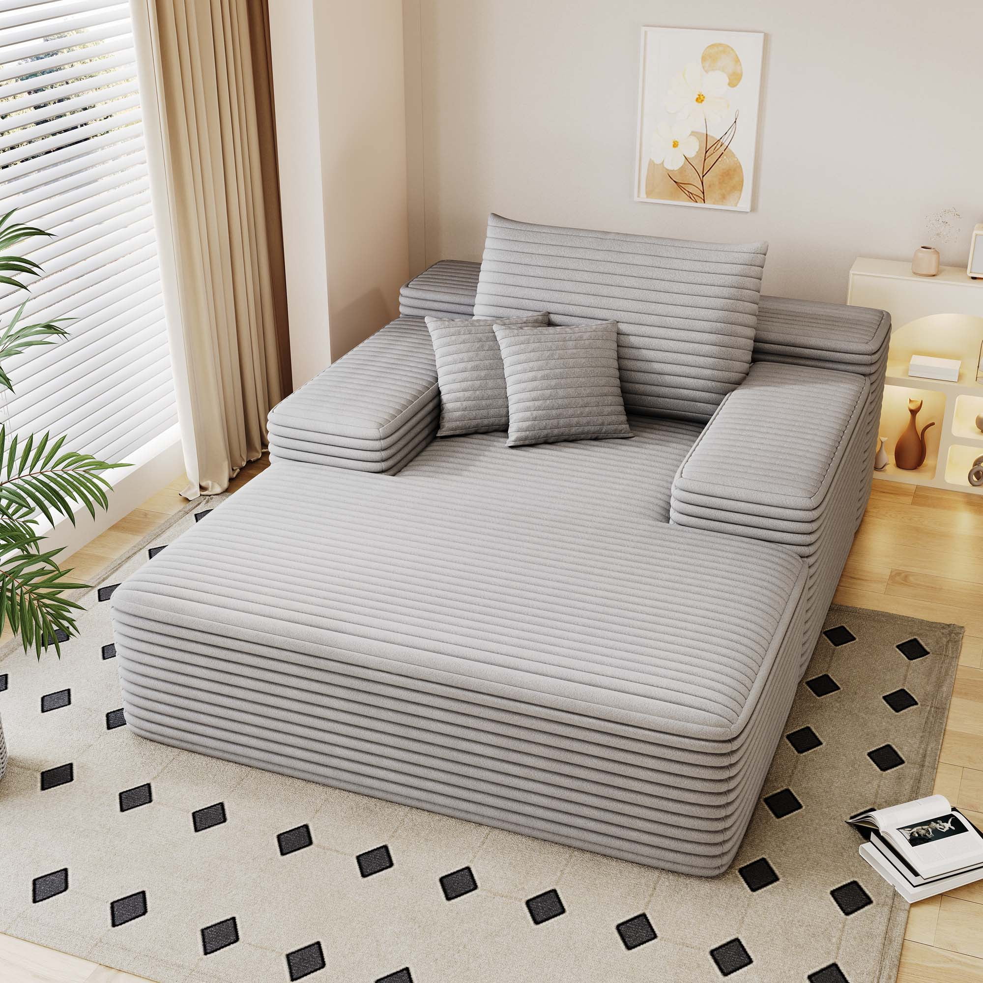 Miniyam 68 x 51" Oversized Chaise Lounge Chair Indoor, Upholstered Sleeper Reading Chairs with 2 Pillows for Living Room, Grey