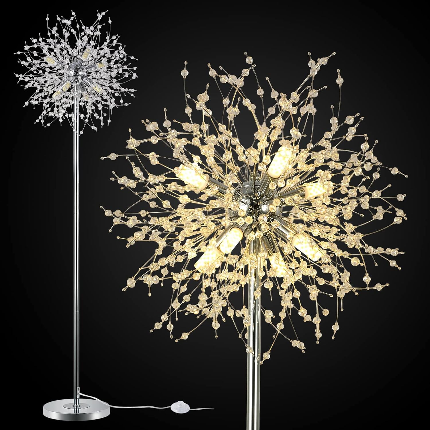 Miniyam 69 inch Crystal Floor Lamp, Modern Standing Lamp with K9 Crystal, LED Floor Lamp with On/Off Foot Switch, Gold