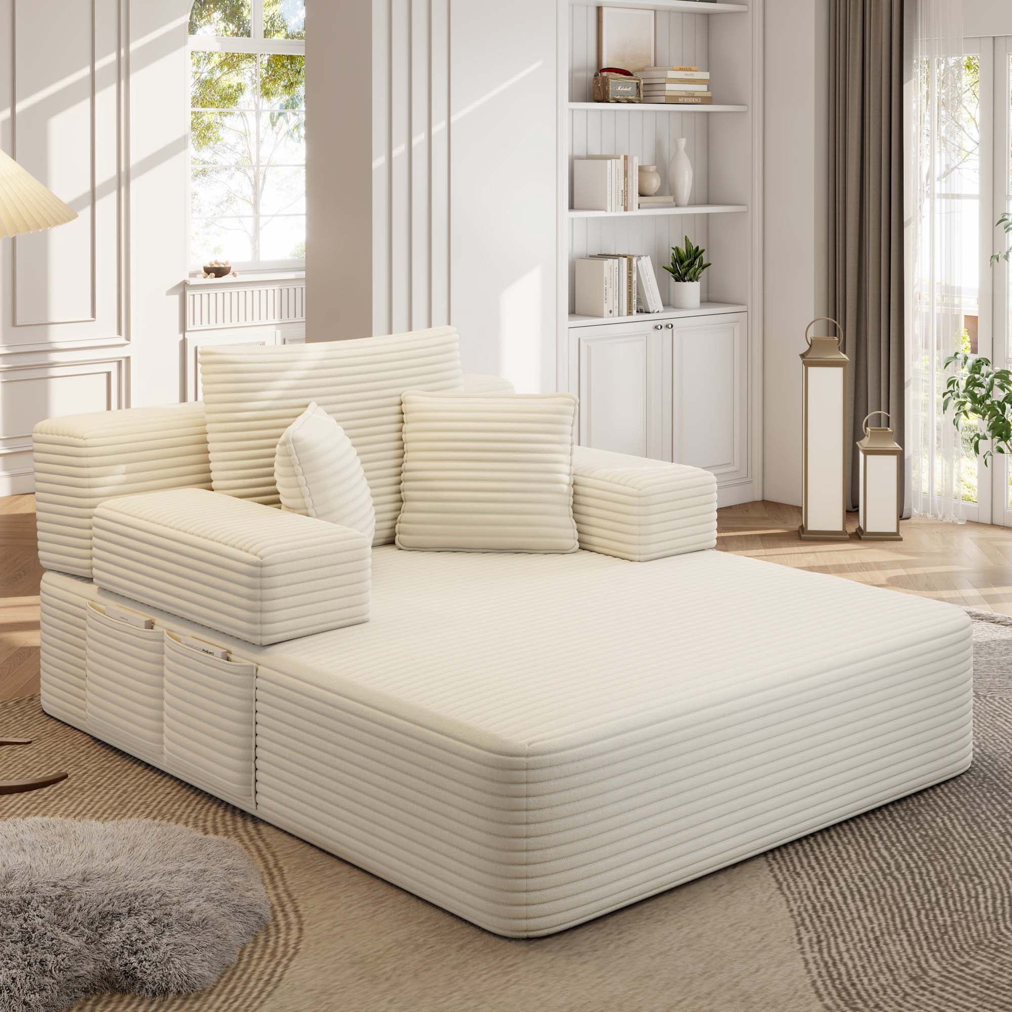 Miniyam 70" x 48.5" Corduroy Chaise Lounge Indoor with Side Pockets & 3 Pillows for Small Spaces, Compression Sofa, Beige
