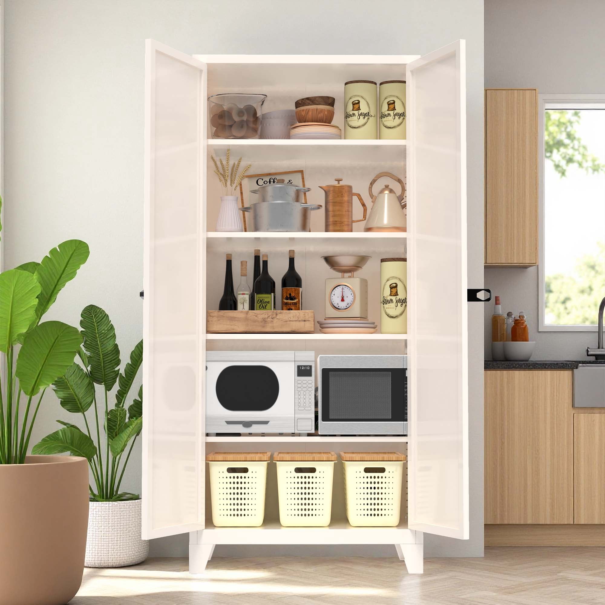 Miniyam 71"H Lockable Metal Storage Cabinet with 2 Shaped Doors & Adjustable Shelves – Beige, for Kitchen/Bedroom/Living Room