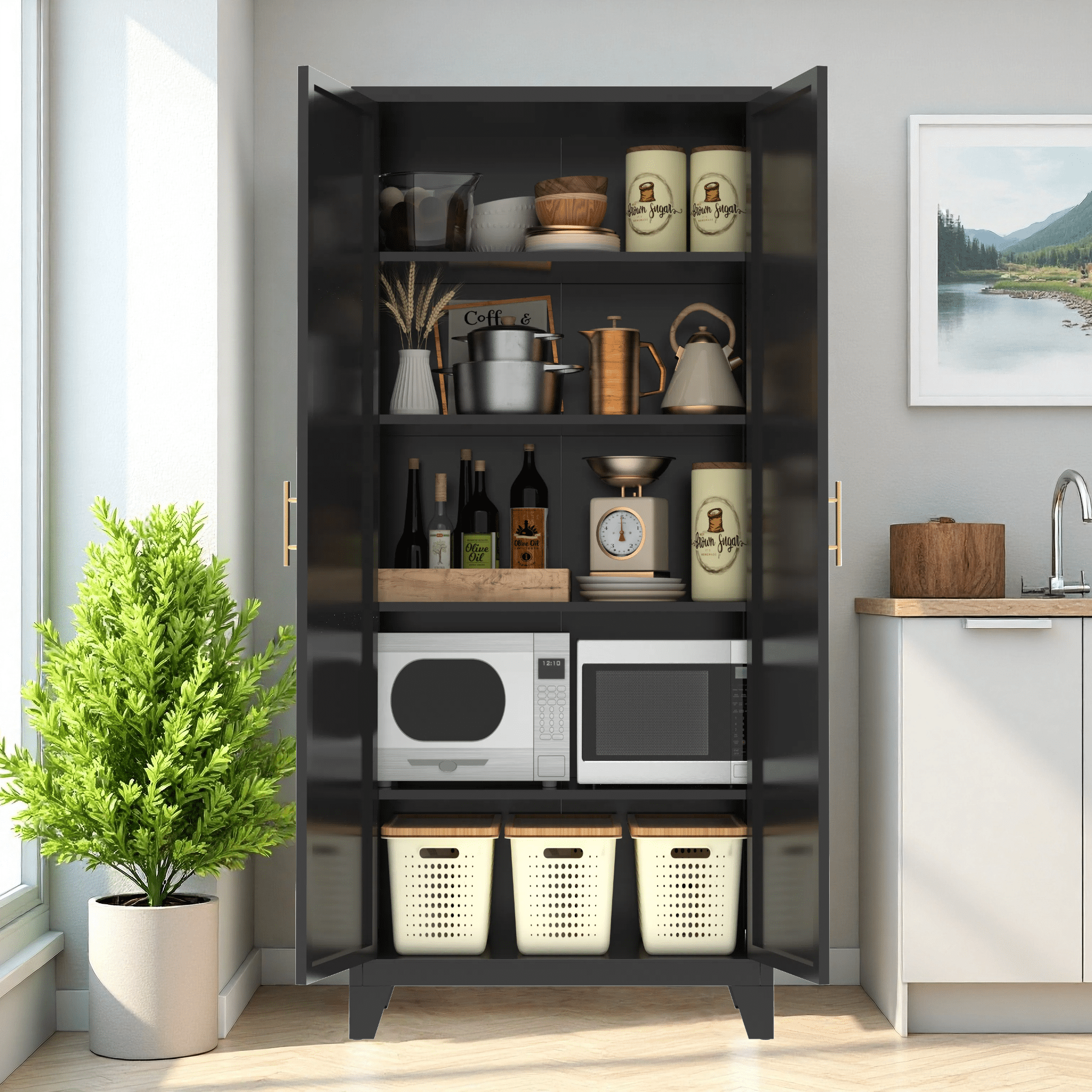 Miniyam 71"H Metal Storage Cabinet with 2 Shaped Doors & Adjustable Shelves – Black, for Bedroom/Living Room/Kitchen