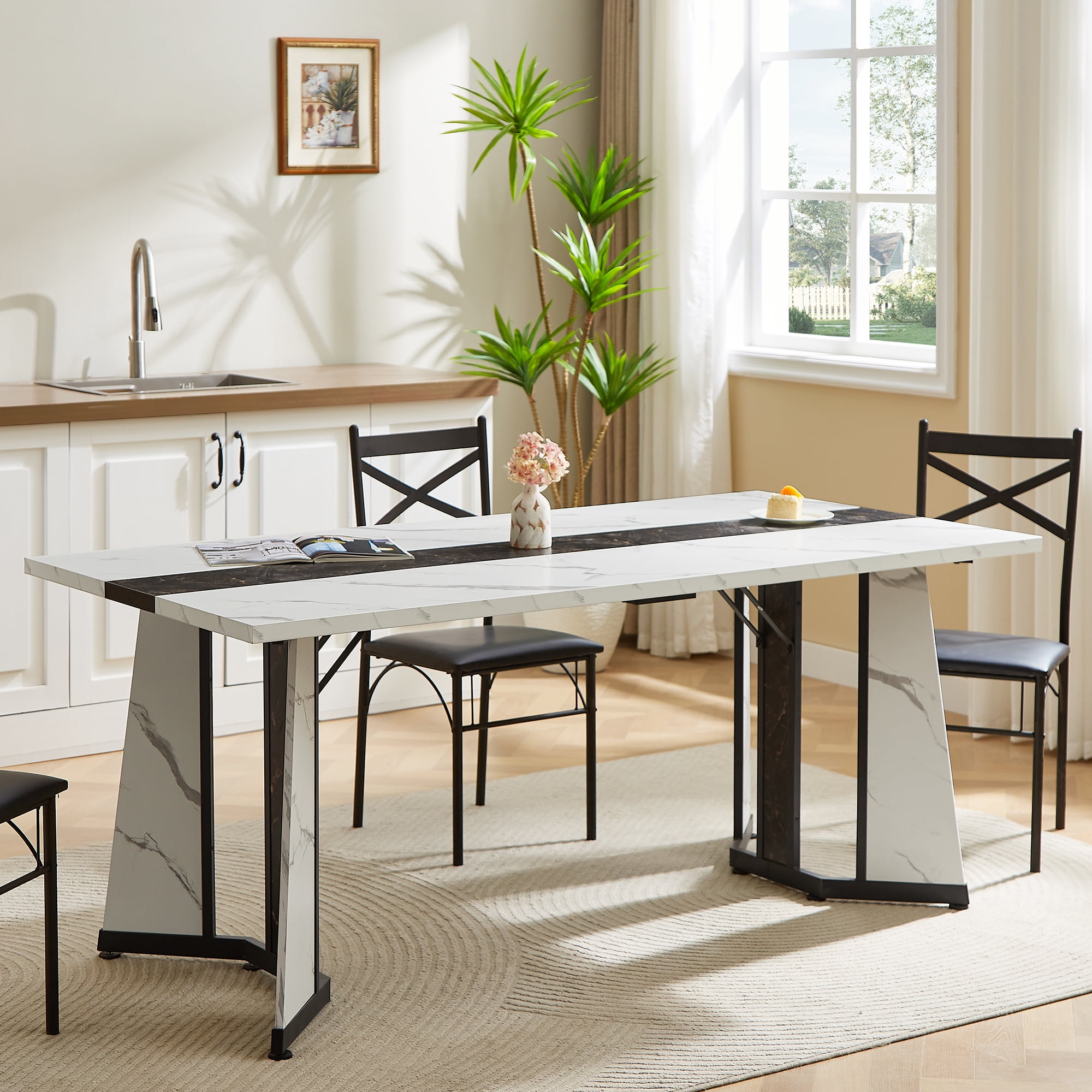Miniyam 71" Modern Marble-Look Dining Table for 6–8, Rectangular Kitchen Table with Glossy Waterproof Top & Metal Base, White and Black