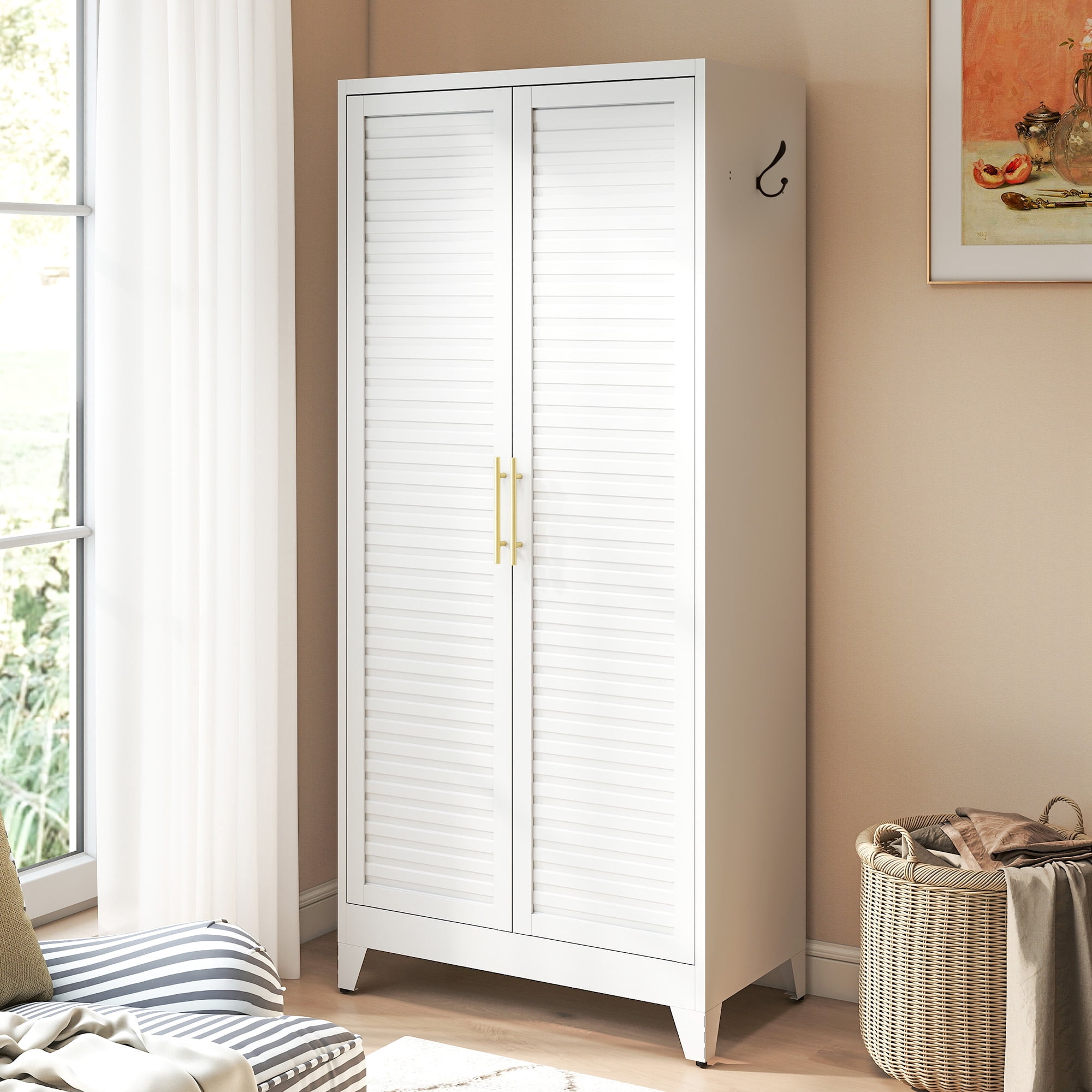 Miniyam 71″ Tall White Metal Wardrobe – 2 Doors with Hanging Rod & Shelf, Cold Rolled Steel, Easy Assembly – Ideal for Kids' Rooms, Bedrooms & Home Use