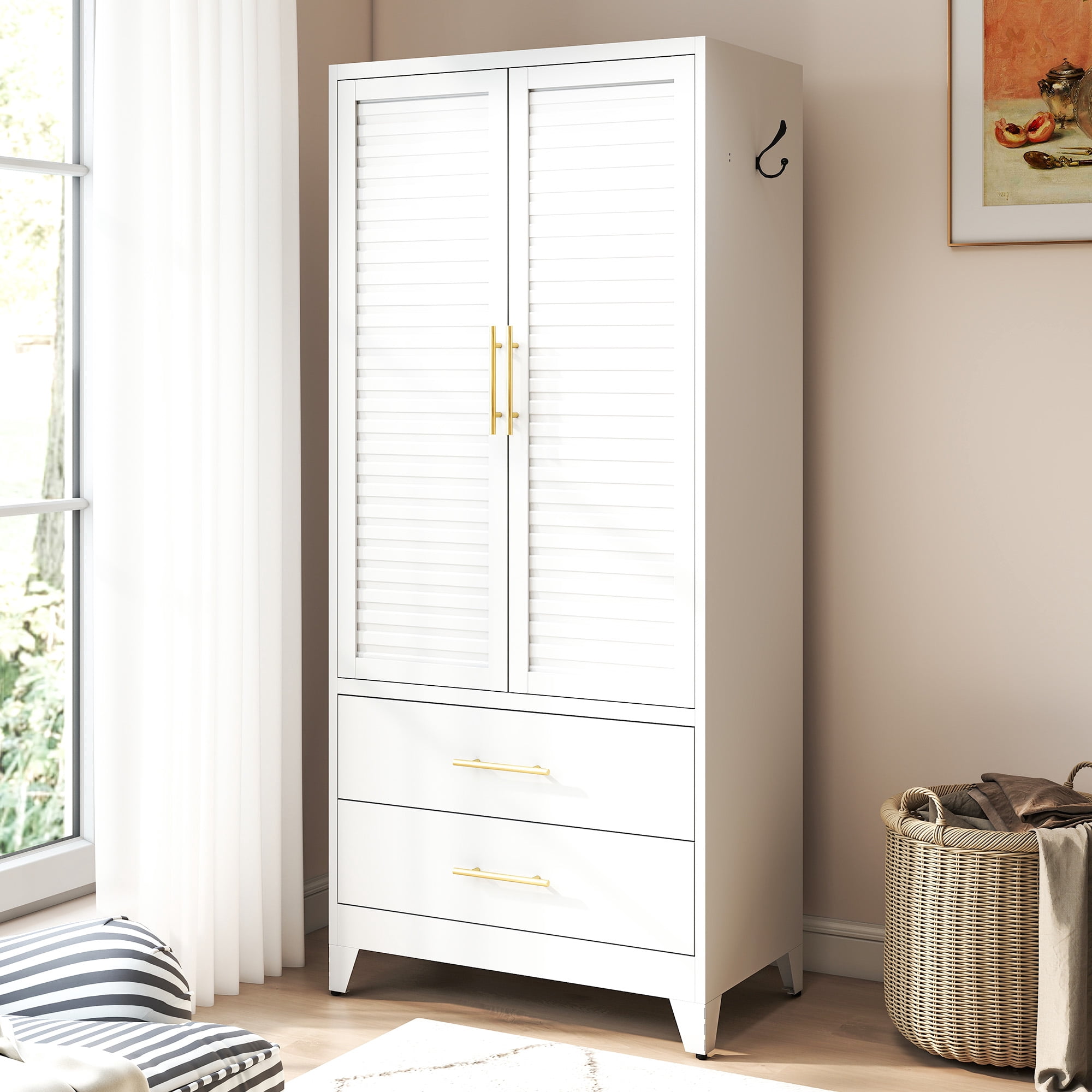 Miniyam 71″ Tall White Metal Wardrobe Closet – 2 Drawers + 2 Doors, Cold Rolled Steel, Easy Assembly – For Apartments, Dorms, Renters