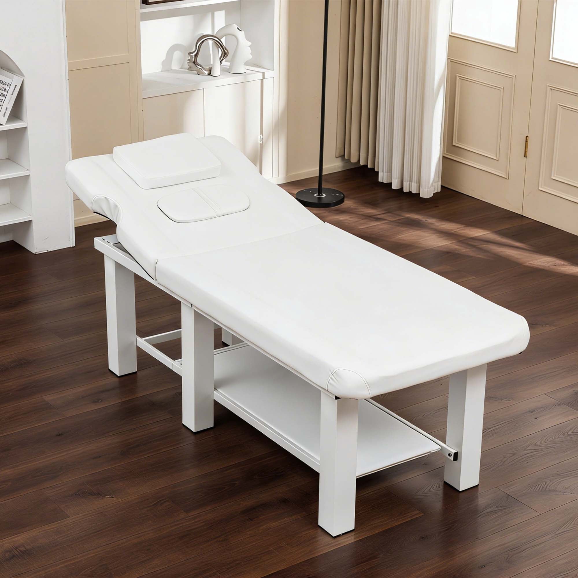 Miniyam 72.7" x 27.5" x 24.0" Massage Table – Adjustable Backrest 0-15°, Detachable Headrest, Bottom Storage, Waterproof Cushion, Steel Frame, 330 lbs – White for Spa Salon Tattoo Medical