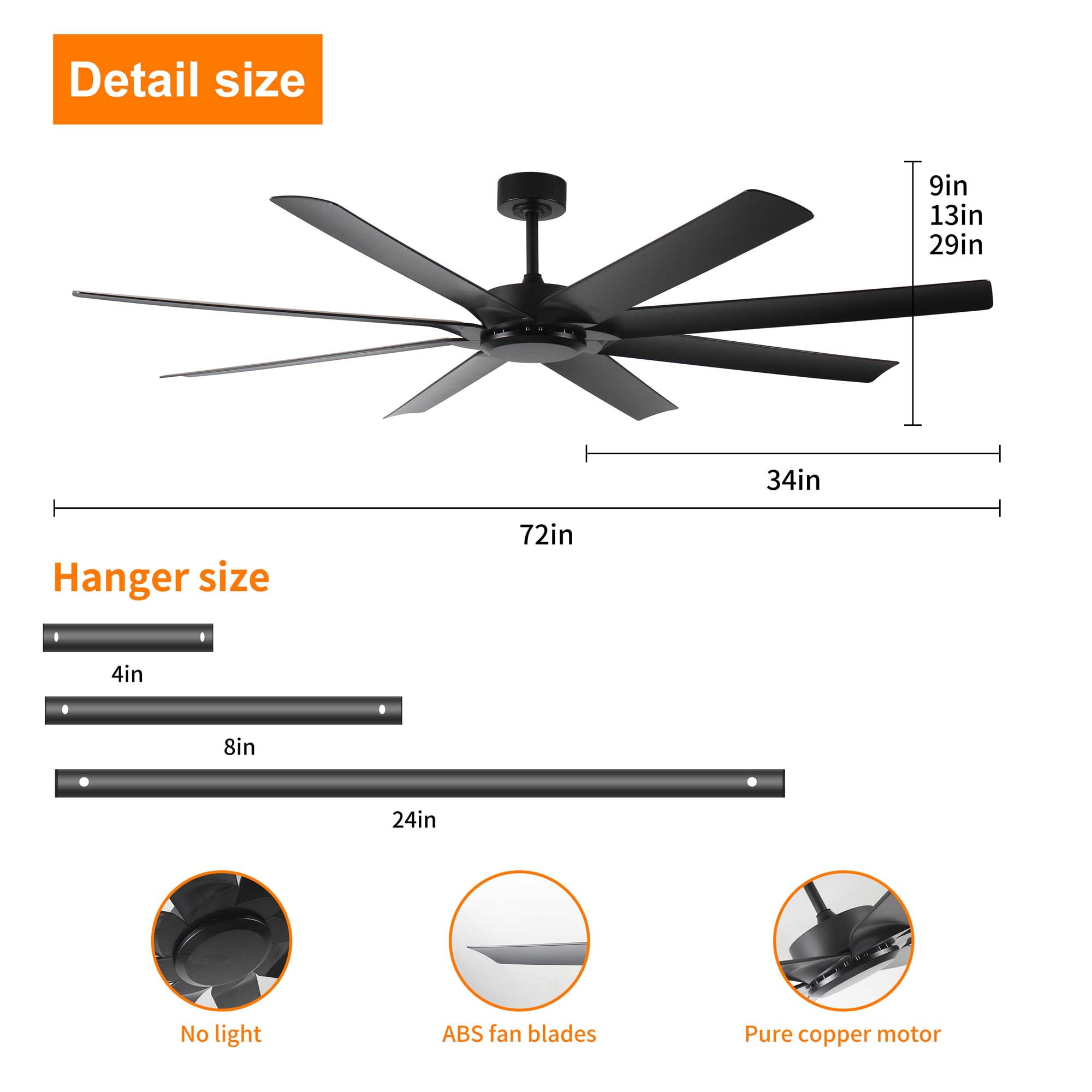 Miniyam 72 inch Ceiling Fans No Light with Remote Control, 8 Reversible Blade, Quiet DC Motor, Timer Function, 6-Speed, Industrial Ceiling Fan for Bedroom Home Kitchen (Black)