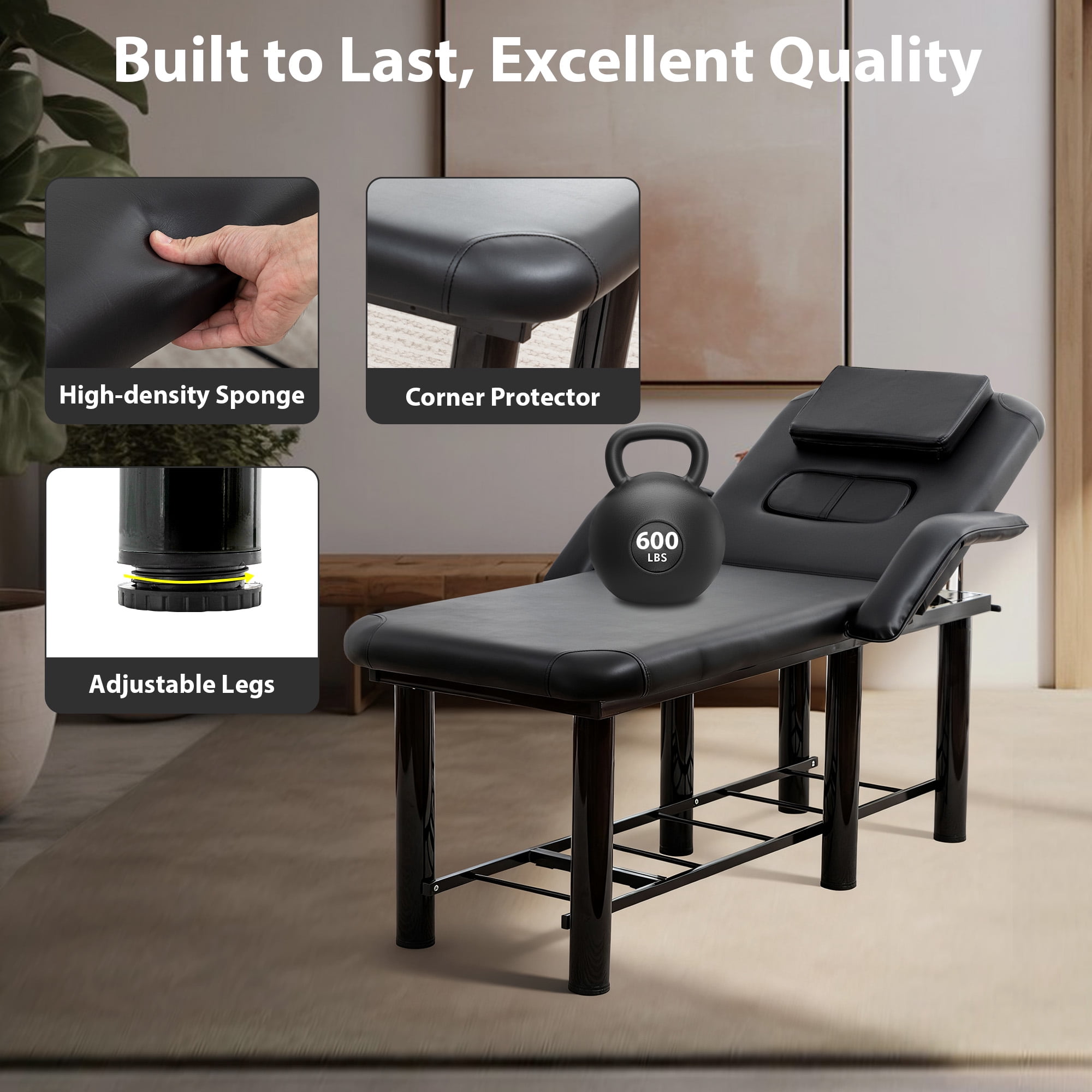 Miniyam 73.7" x 26.8" x 25.6" Professional Beauty Bed – Removable Headrest & Breast Cushions, Armrests, Storage Shelf – for Massage, Facial, Tattoo, Spa – Black