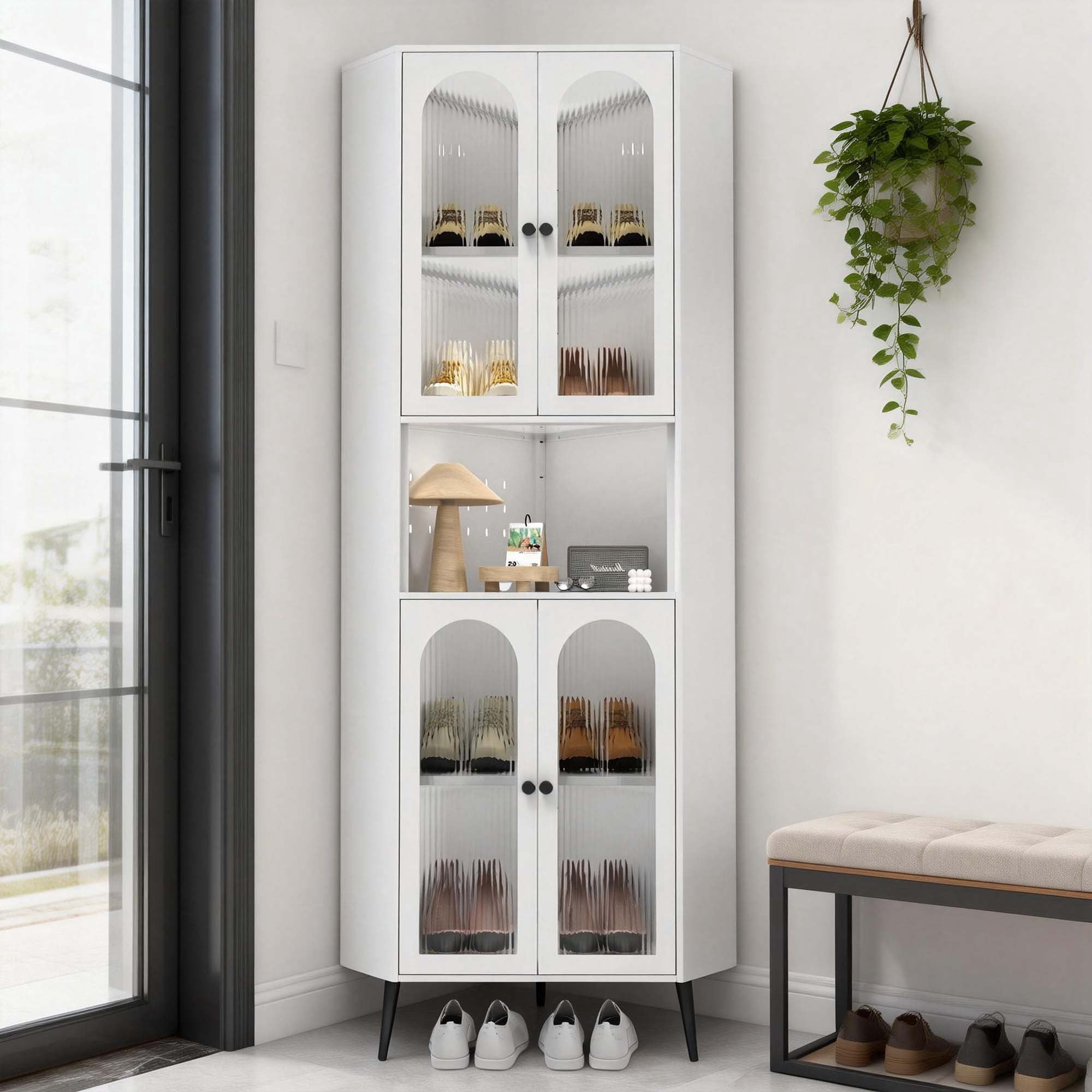 Miniyam 73"H Corner Metal Storage Cabinet with Doors & Adjustable Shelves – White, Space-Saving Organizer for Entryway/Bathroom/Bedroom/Dining Room/Living Room/Office