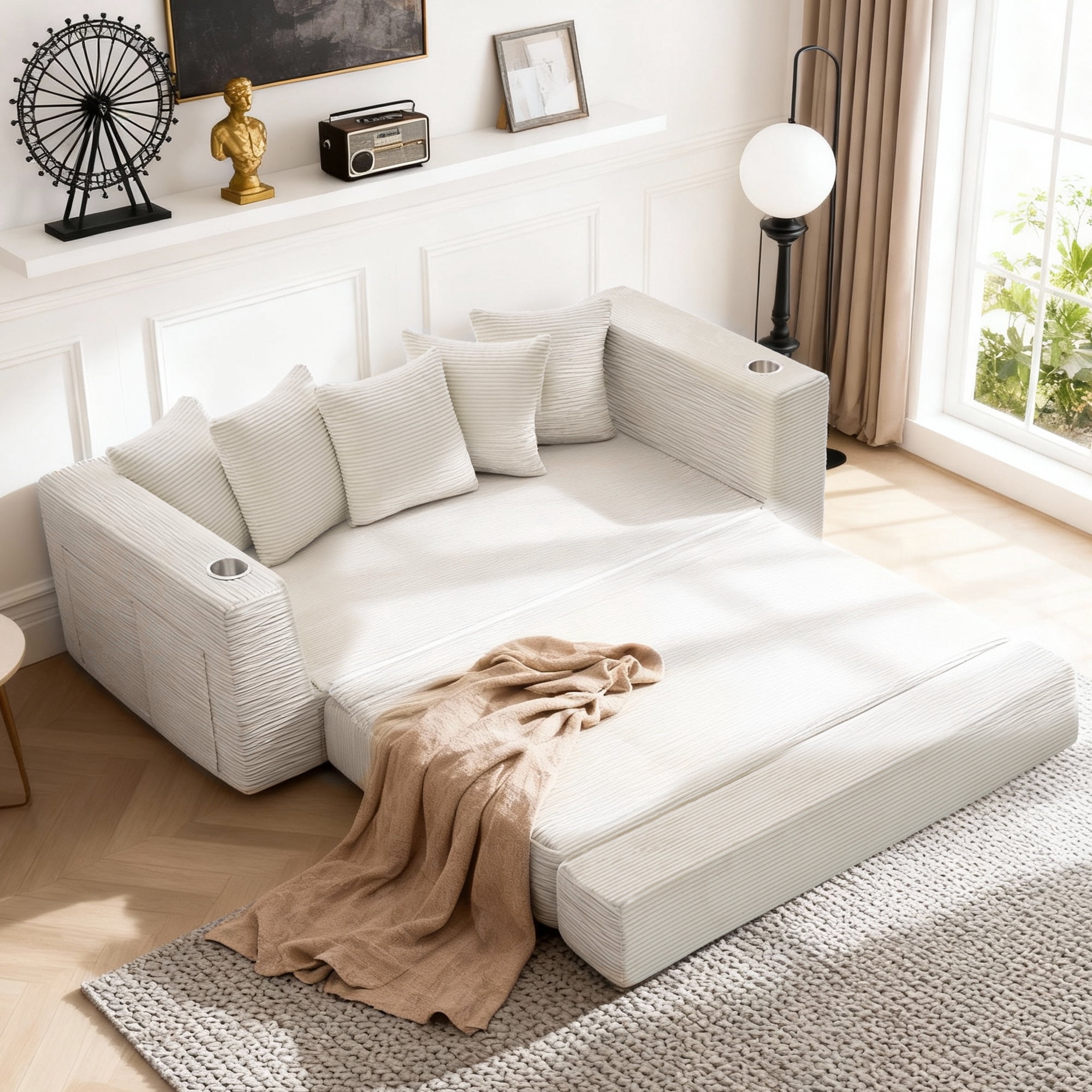 Miniyam 76" x 36" Sofa Bed, Folding Convertible Sleeper Sofa with Cup Holders, No Assembly Required Space Saving Fabric Sofa with Storage, Modern Corduroy Couch (Beige)