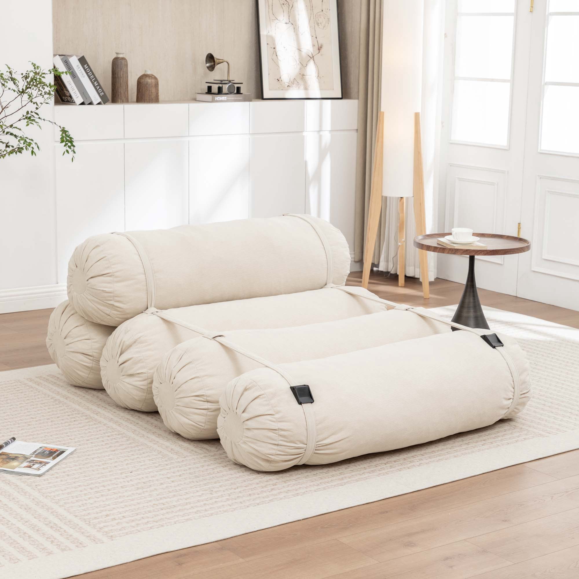 Miniyam 76" x 50" Beige Floor Sofa with Adjustable Straps Bean Bag Lounger for Living Room, Bedroom