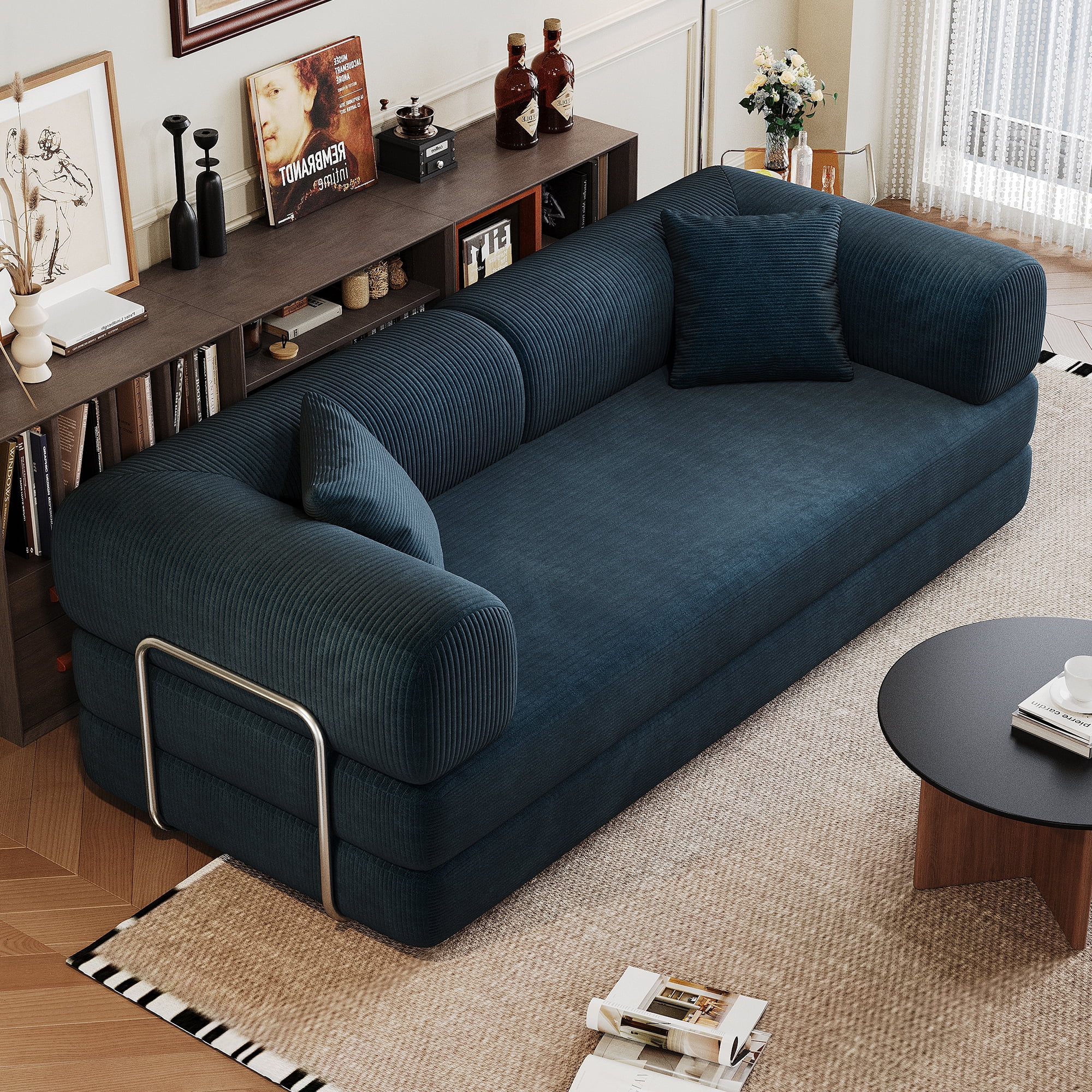 Miniyam 79" Compression Sofa, Convertible Floor Sofa Bed-with Pillow Back Support Armrest for Living Room, Bedroom, Blue