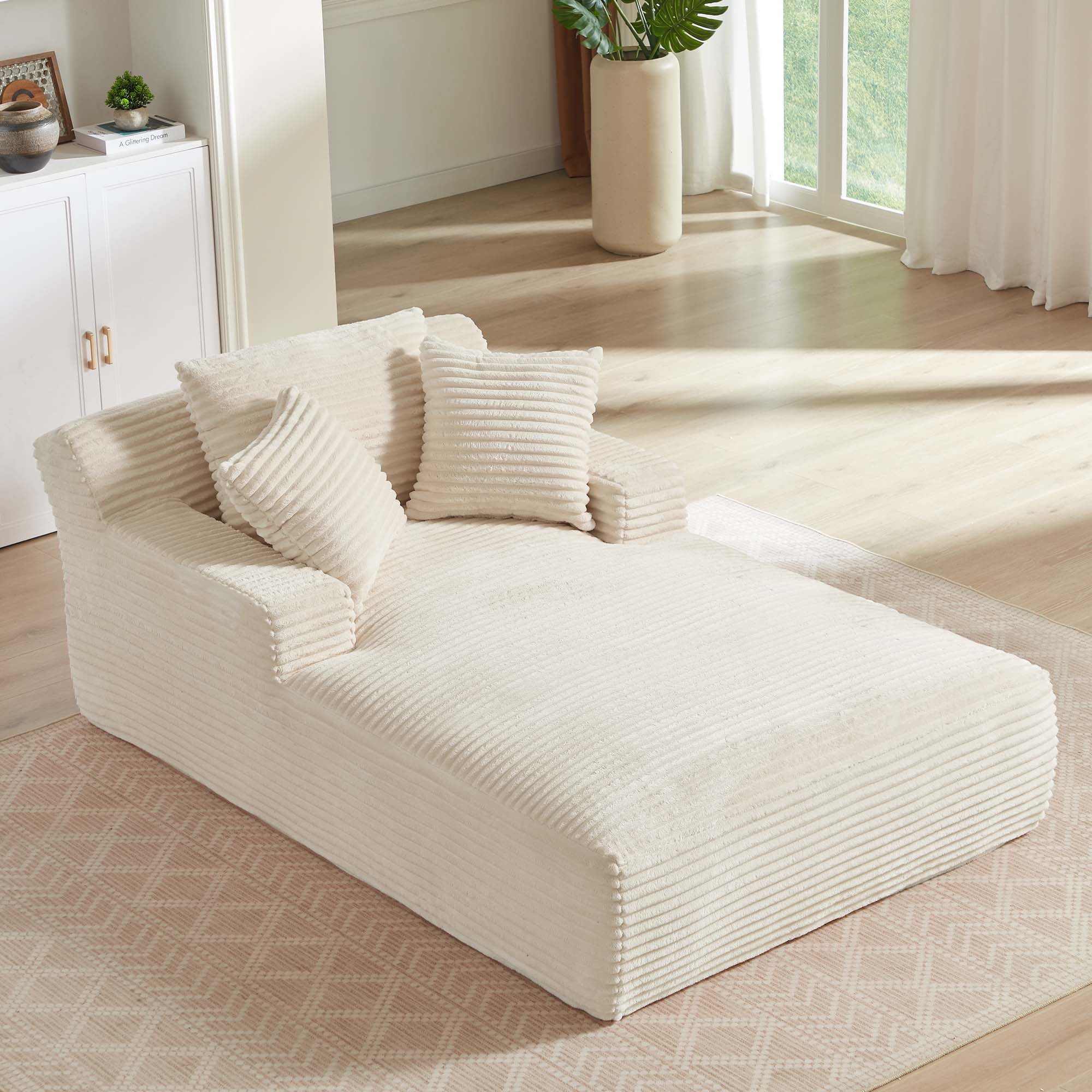 Miniyam 79 x 49 in White Oversized Chaise Lounge Chair Indoor, Corduroy Upholstered Modern Sofa Couch, No Assembly Required, Comfy Sleeper Sofa for Living Room, Office