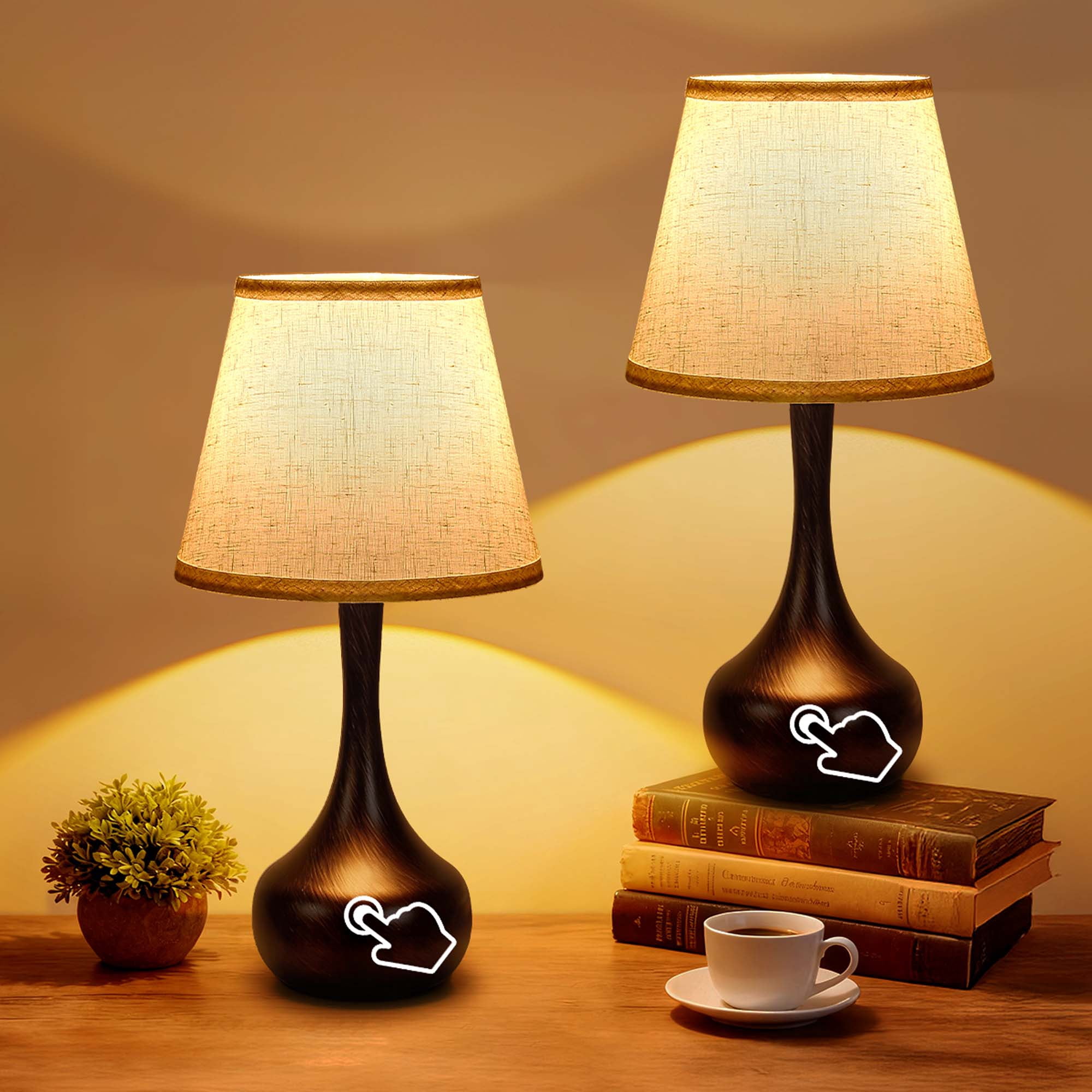 Miniyam 8.7" W * 16.6" H Touch Table Lamps Set of 2, 3 Way Dimmable Bedside Lamp for Bedroom, Including E26 LED Bulbs(Black Gold)