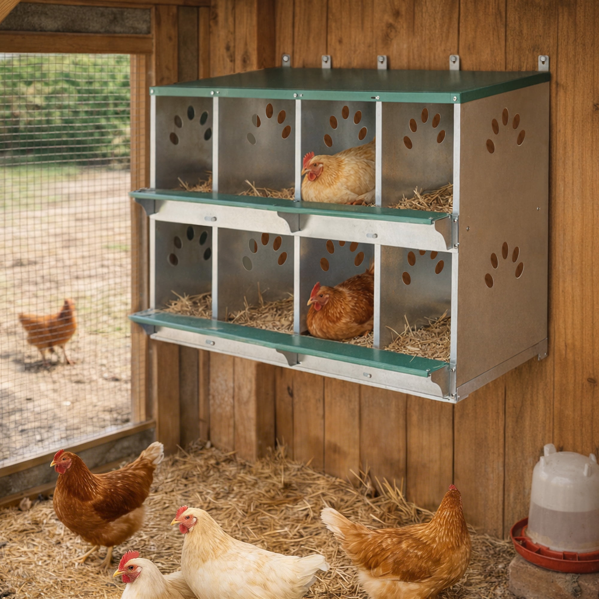 Miniyam 8 Compartment Chicken Nesting Boxes for Laying Eggs, Metal Poultry Nest Box Wall Mount for Chickens, Hens, Large Vented Holes Chicken Coop Box