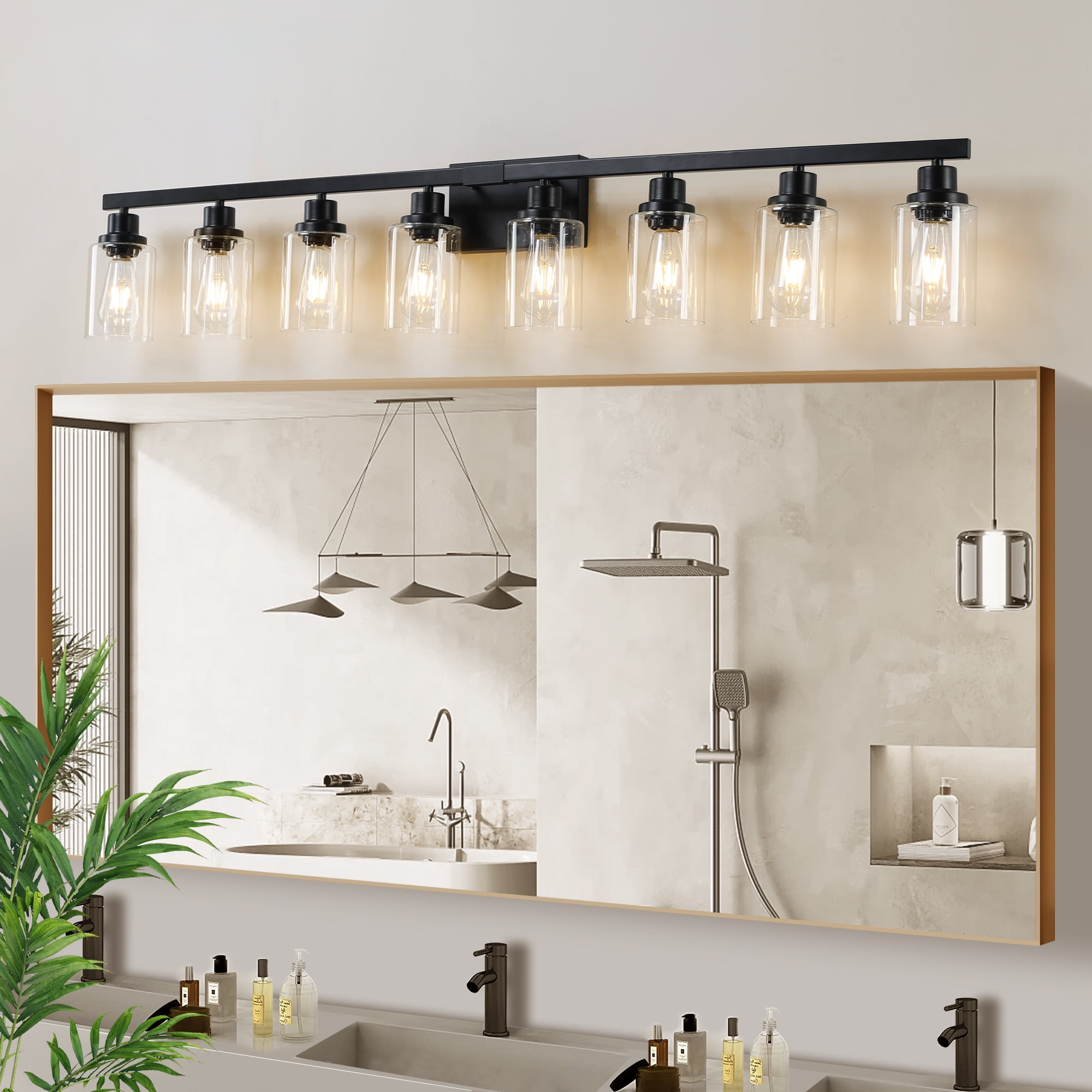 Miniyam 8-Light Black Bathroom Vanity Light, Industrial Farmhouse Wall Fixture with Clear Glass Shades