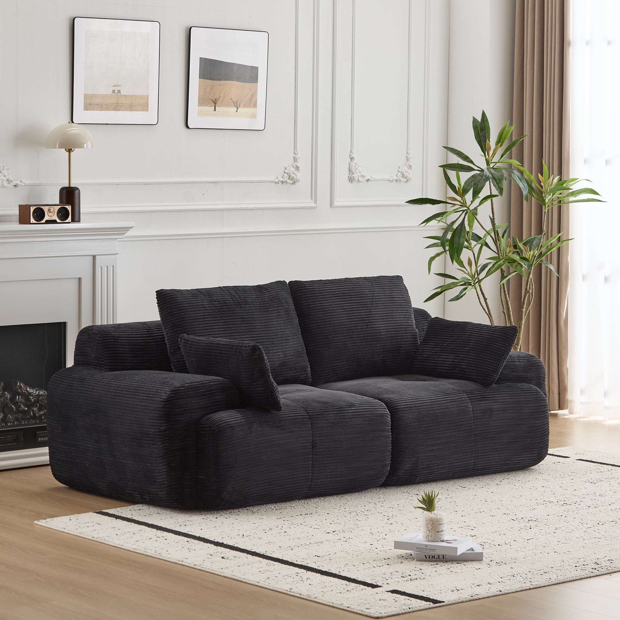 Miniyam 84" Corduroy Modular Sofa Couch with Cushions, Convertible Sectional Seating for Living Room, 1200 lbs Capacity, No Assembly, Black