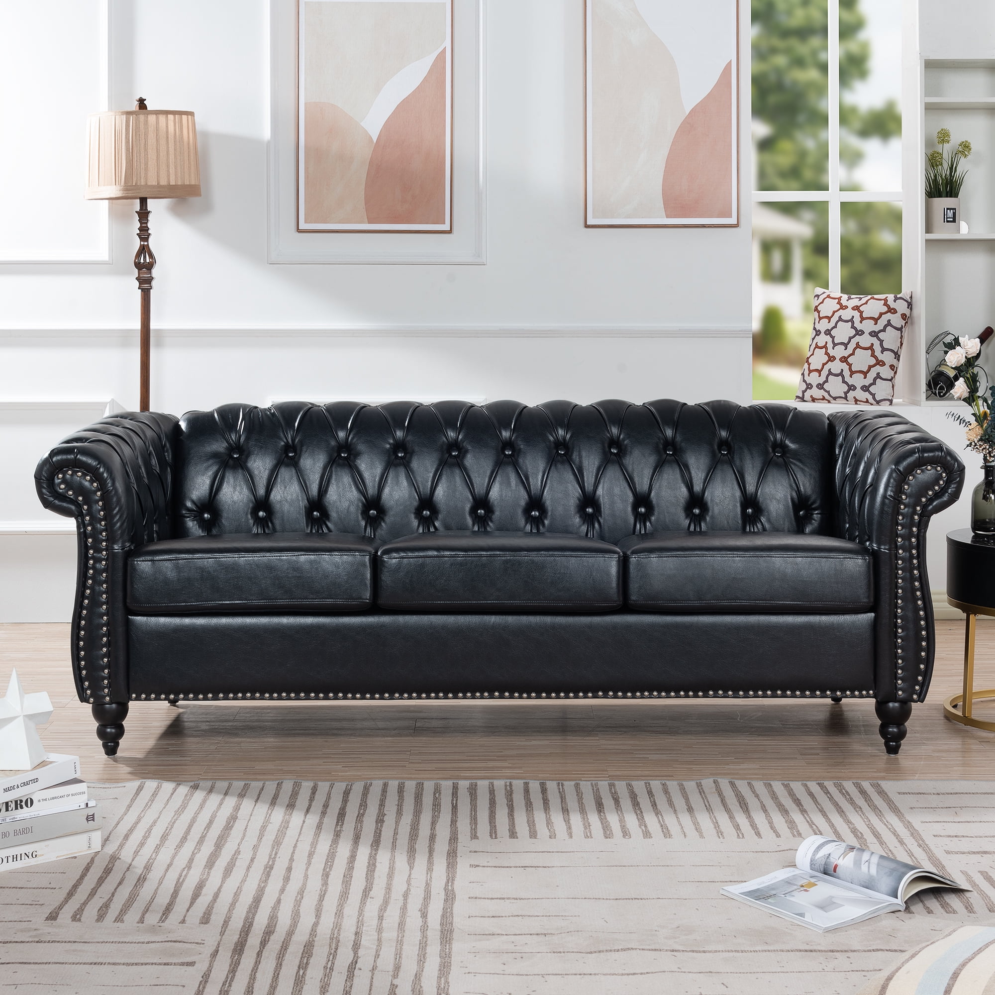 Miniyam 85" PU Rolled Arm Chesterfield 3 Seater Sofa, Black
