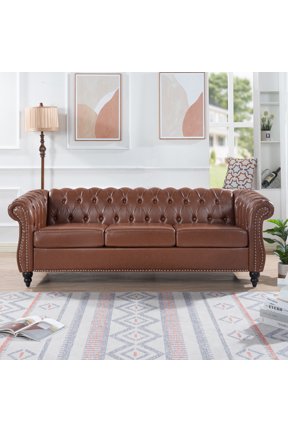 85" PU Rolled Arm Chesterfield 3 Seater Sofa, Brown