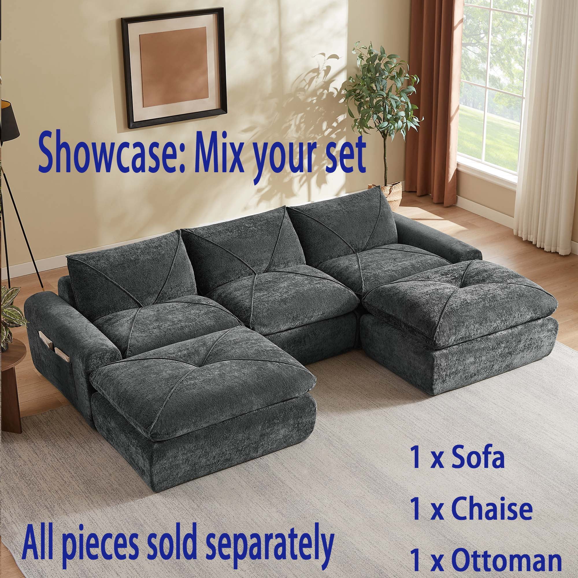 Miniyam 86" x 40" Dark Gray 2-Seater Sofa, Modular & Expandable to L-Shape or U-Shape with Optional Ottoman/Chaise