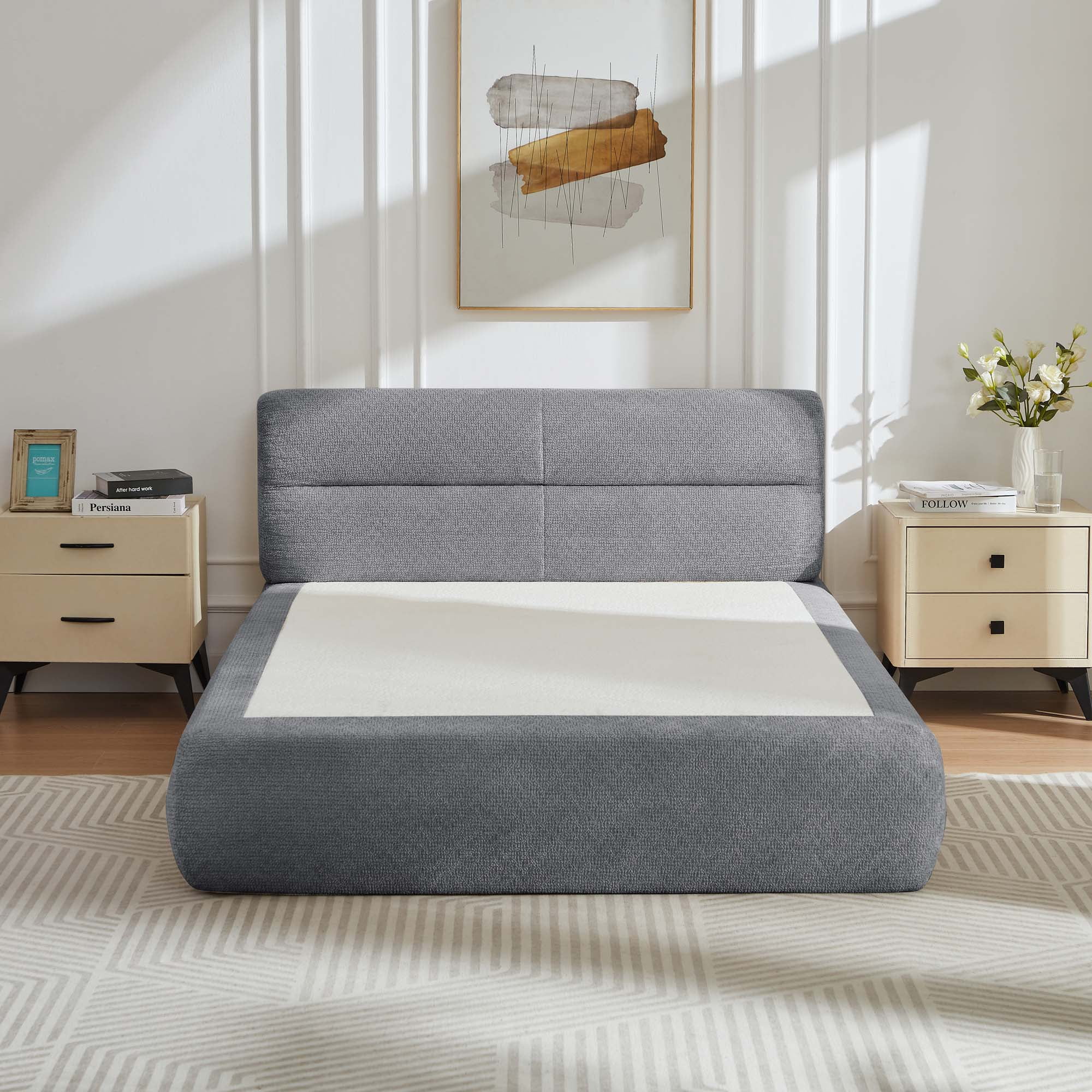 Miniyam 87 x 57 in Compressible Bed for Living Room, Chenille Full Bed for Apartment, No Assembly Required, Dark Grey