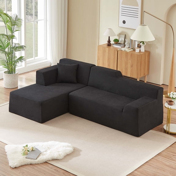 Miniyam 96" Boxed Sectional Sofa, Expands to Full Size, L-Shape Design with Soft Wide Stripe Corduroy and Deep Seat Comfort (Black, Left Facing)