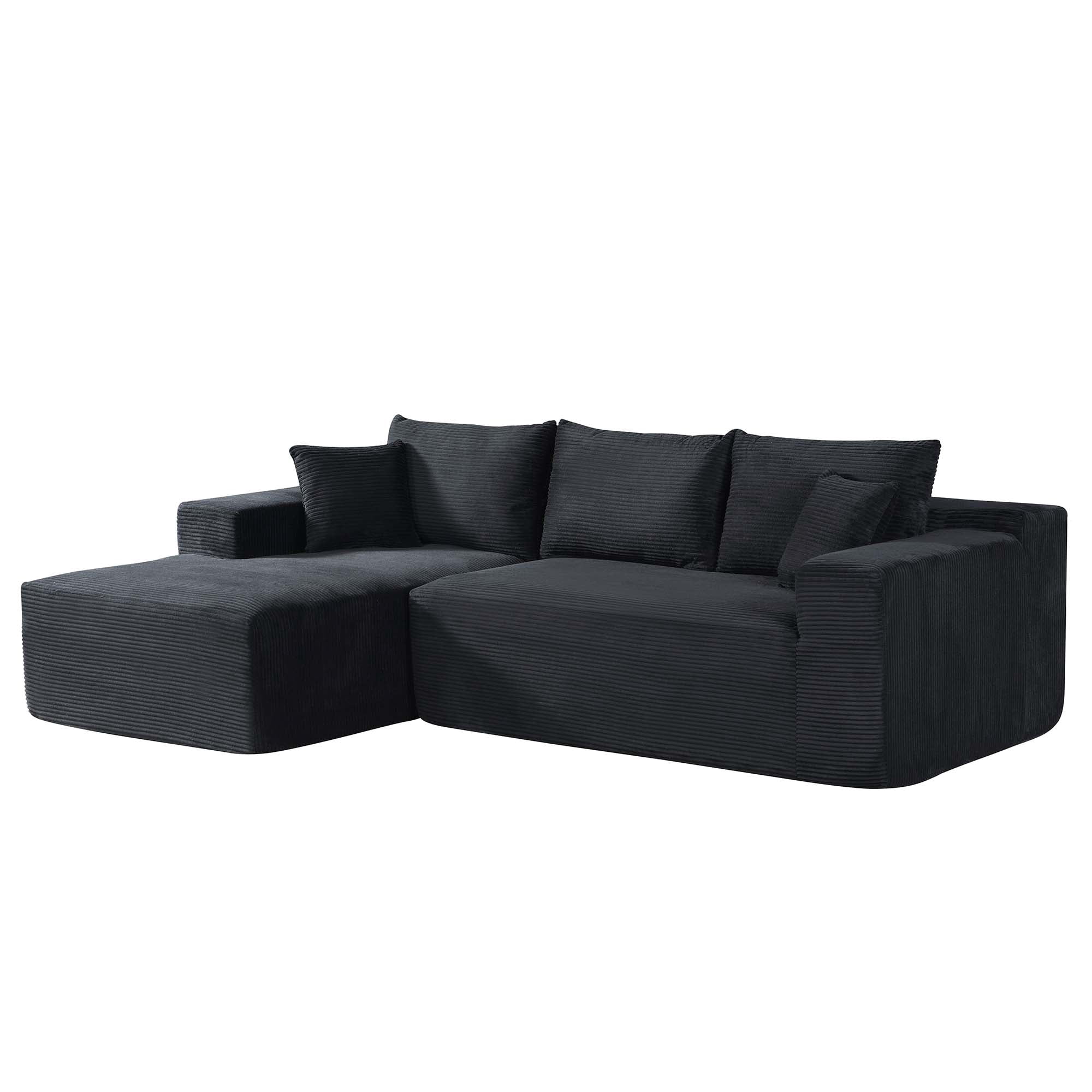 Miniyam 96" x 61" Convertible Corduroy L-Shaped Sofa with Chaise, 3-Seater Modular Sectional Compressed Couch with Pillows for Living Room, Black (Left Facing)