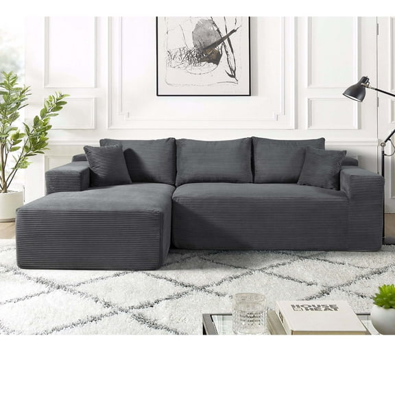 Miniyam 96" x 61" Convertible Corduroy L-Shaped Sofa with Chaise, 3-Seater Modular Sectional Compressed Couch with Pillows for Living Room, Dark Grey (Left Facing)