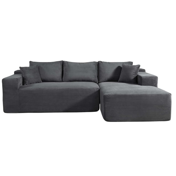 Miniyam 96" x 61" Convertible Corduroy L-Shaped Sofa with Chaise, 3-Seater Modular Sectional Compressed Couch with Pillows for Living Room, Dark Grey (Right Facing)