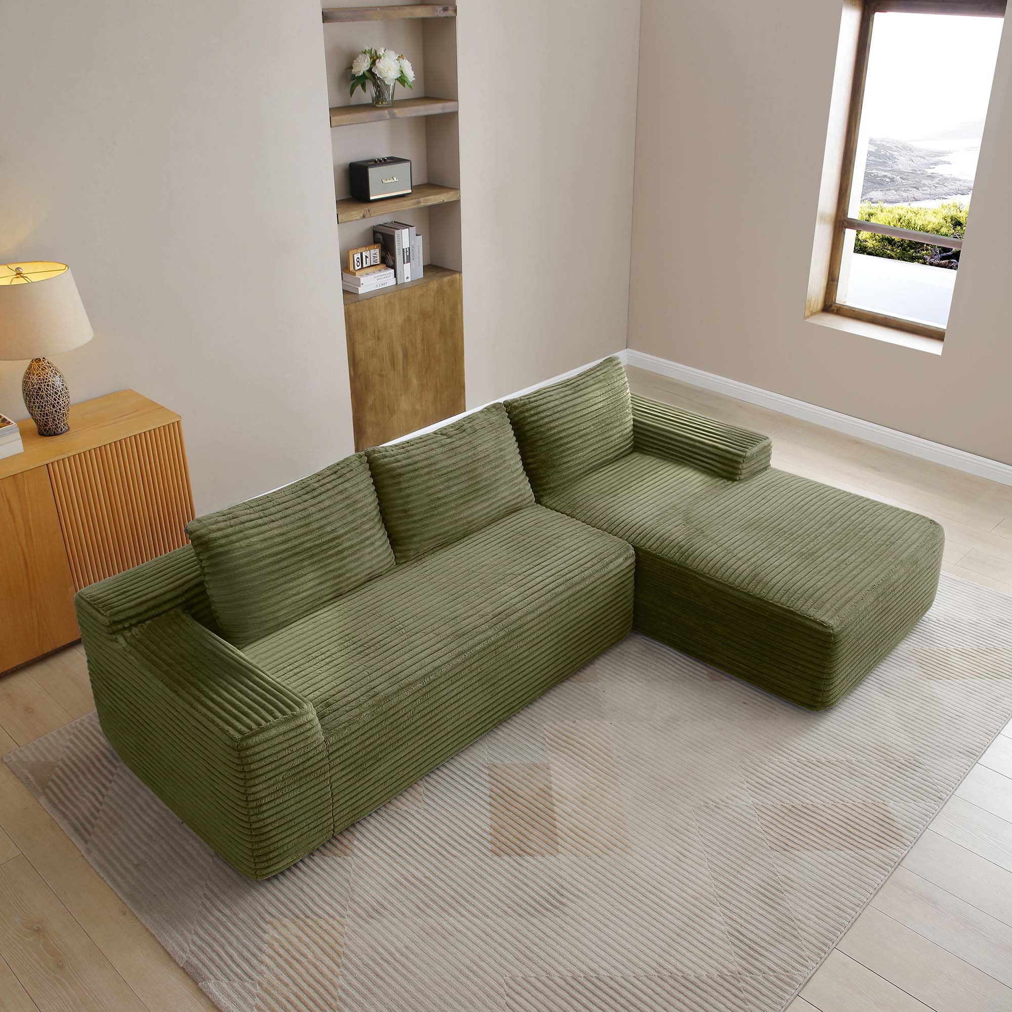 Miniyam 97" Deep Seat Sectional, Modular L-Shape Sofa with Chaise, No Assembly, Corduroy (Right Facing Chaise, Green)