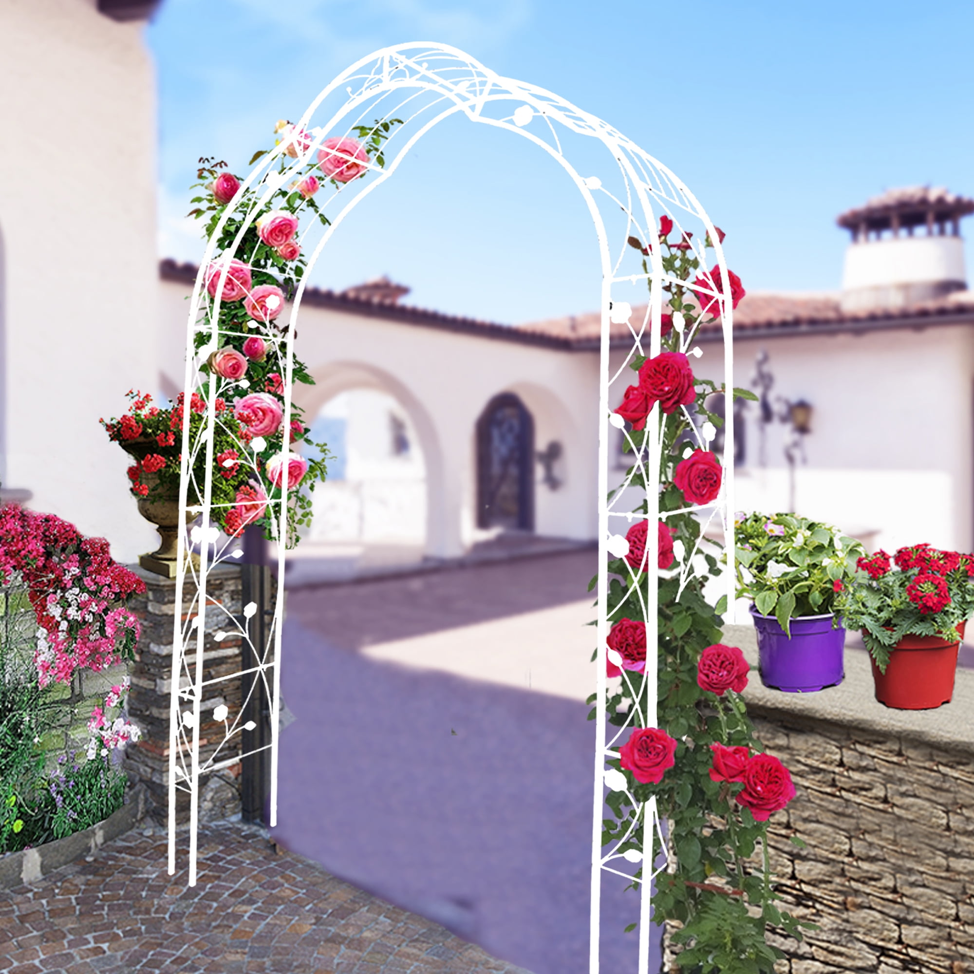 Miniyam 98.4" Metal Garden Arch Trellis, Support 8 Styles Garden Arbor Trellis, White