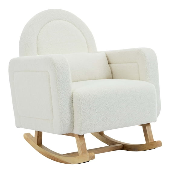 Miniyam Accent Rocking Chair with Curved Back & Pillow, Teddy Velvet, Cream White