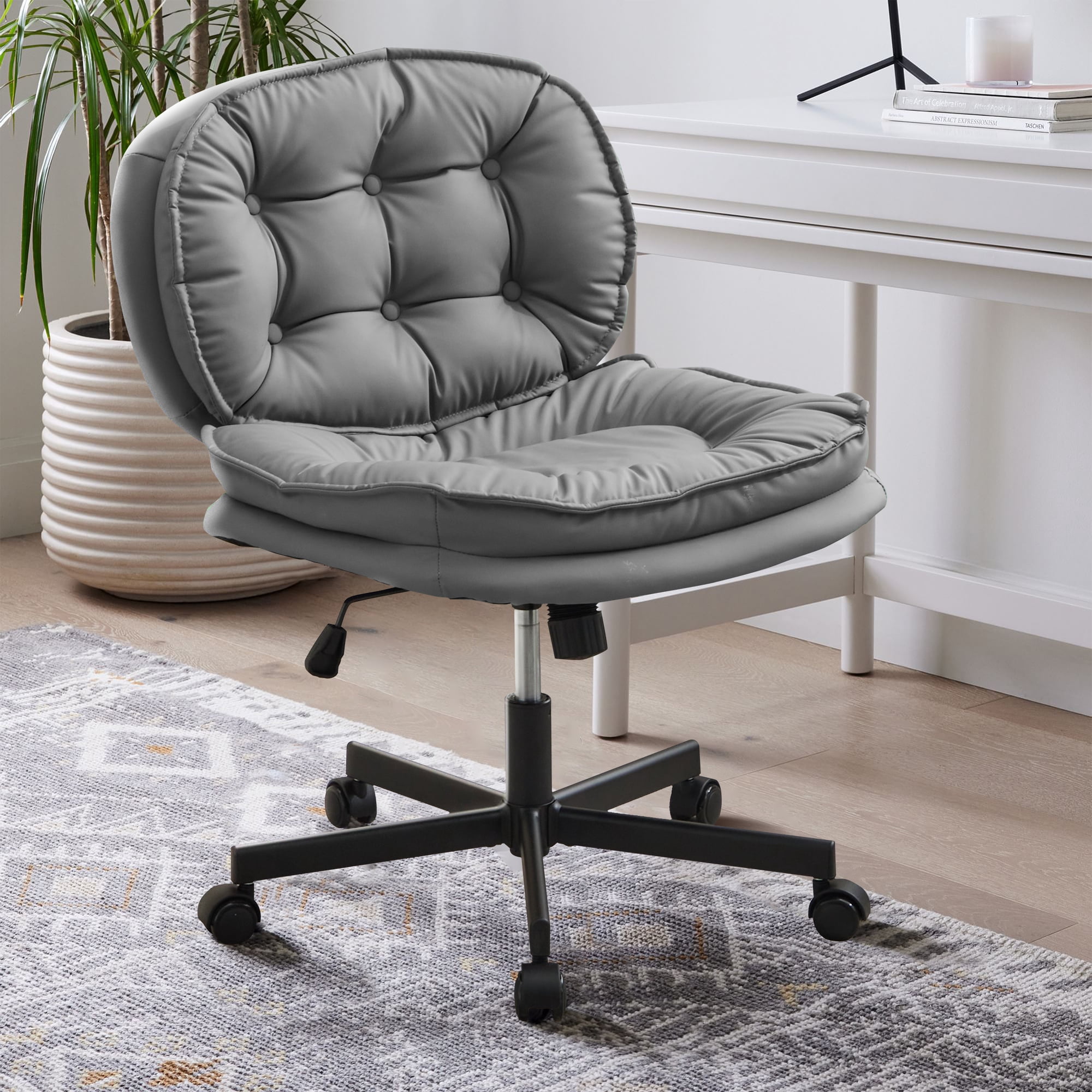 Miniyam Armless-Office Desk Chair with Wheels,PU Leather Cross Legged Wide Chair for Home Office,Gray