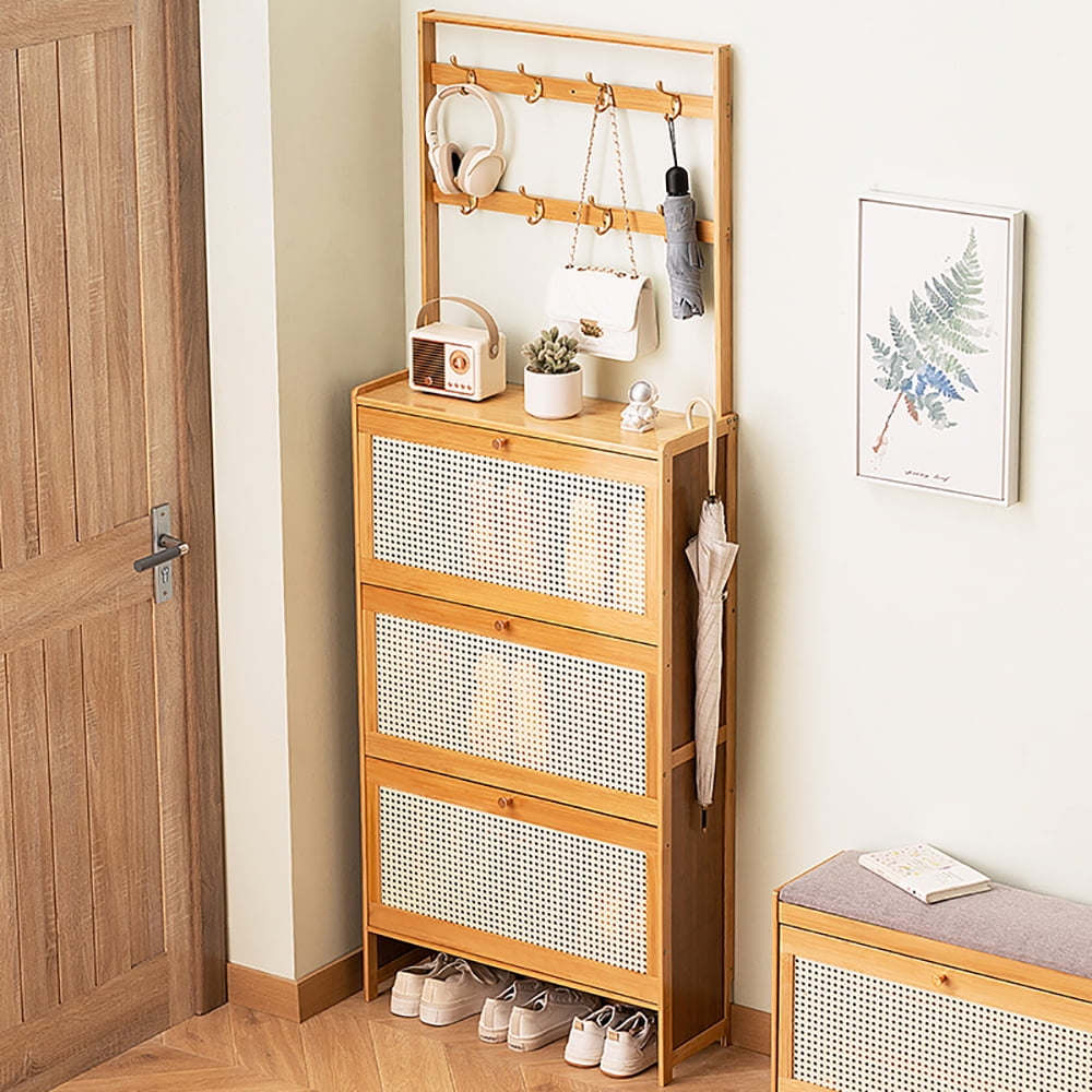 Miniyam Bamboo Shoe Cabinet with Rattan Doors, 3-Tier Flip Drawer Shoe Organizer with Hooks, Umbrella Holder, Slim Space-Saving Entryway Storage for Hallway