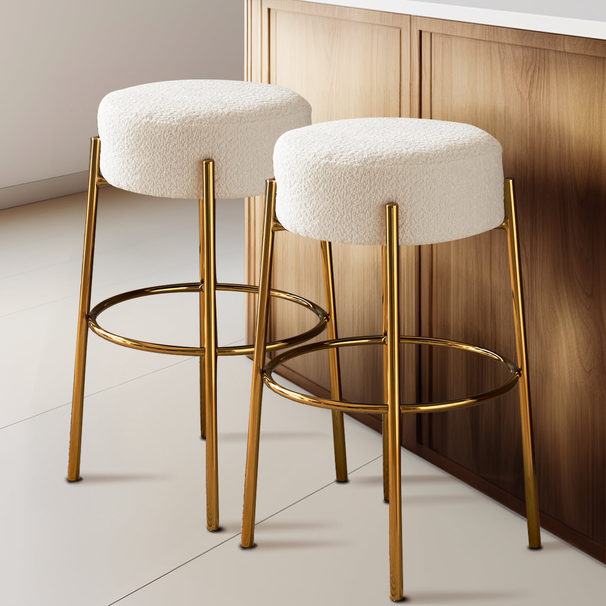 Miniyam Bar Height Bar Stools Set of 2,Boucle Kitchen Stools Upholstered Dining Chair Stools 30 Inch Height,White+Gold