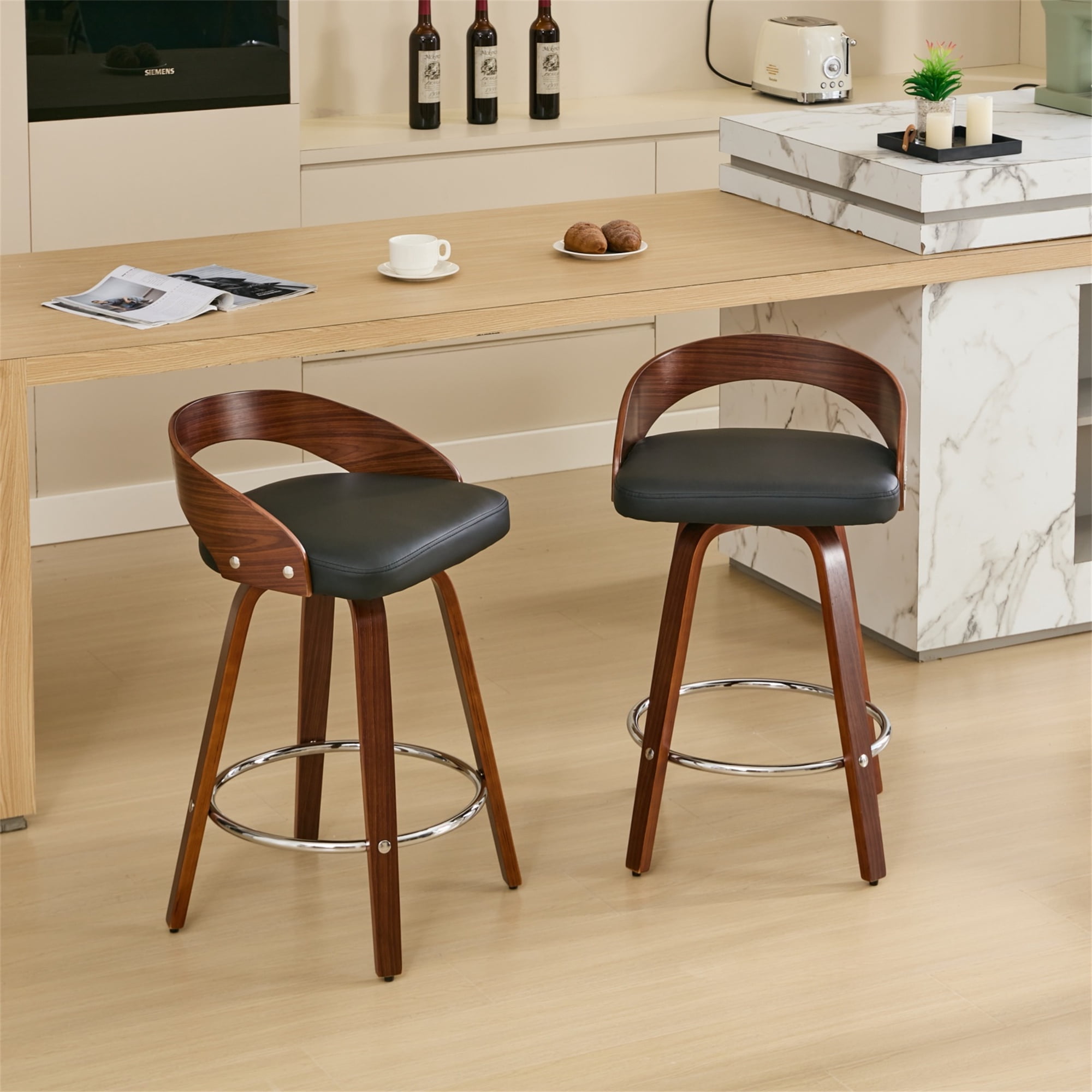 Miniyam Bar Stools Set of 2, 25-Inch Seat Height, Low Back Soft Cushion, Black