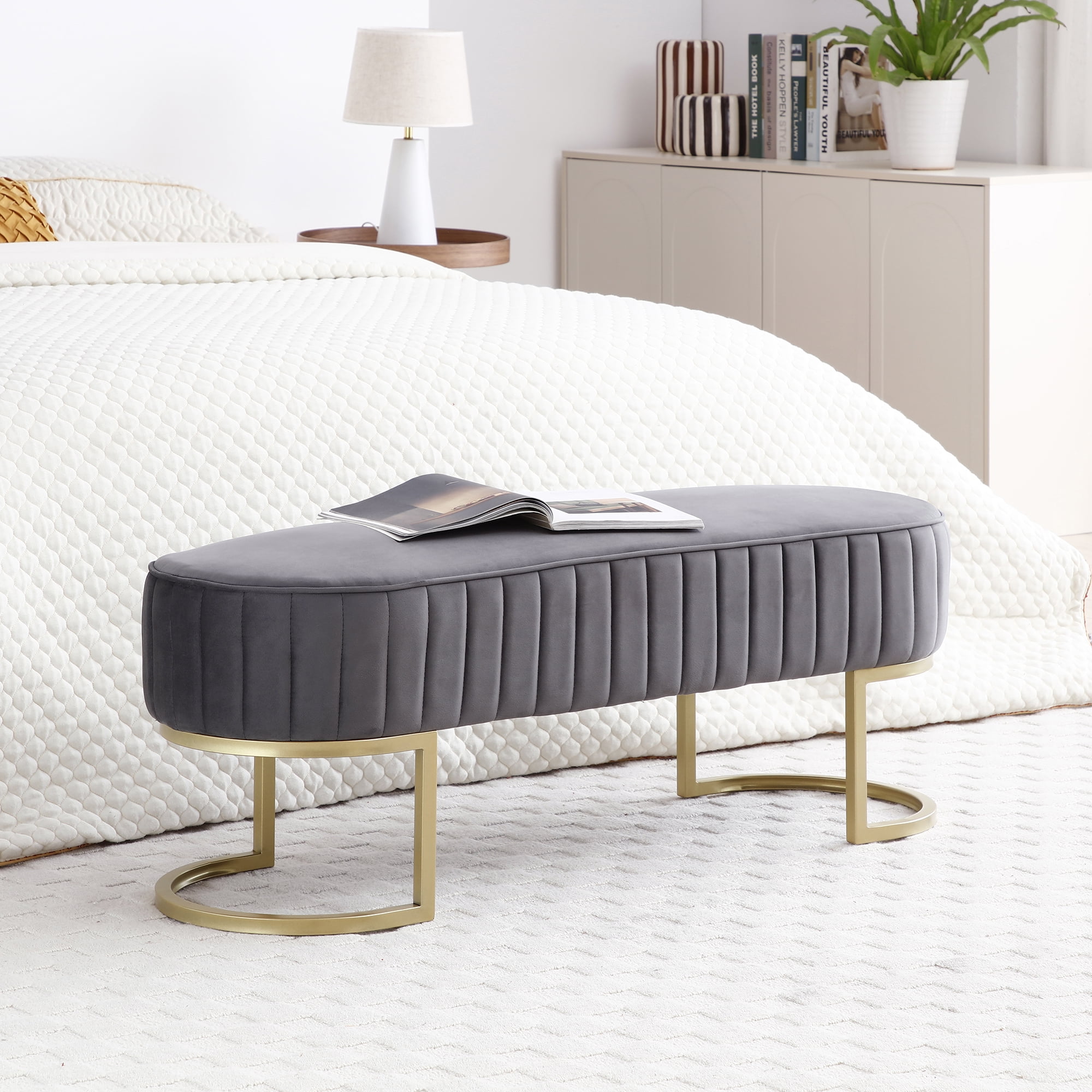 Miniyam Bench Bedroom Bench,Velvet Oval Upholstered End of Bed Bench with Golden Metal Legs,Gray