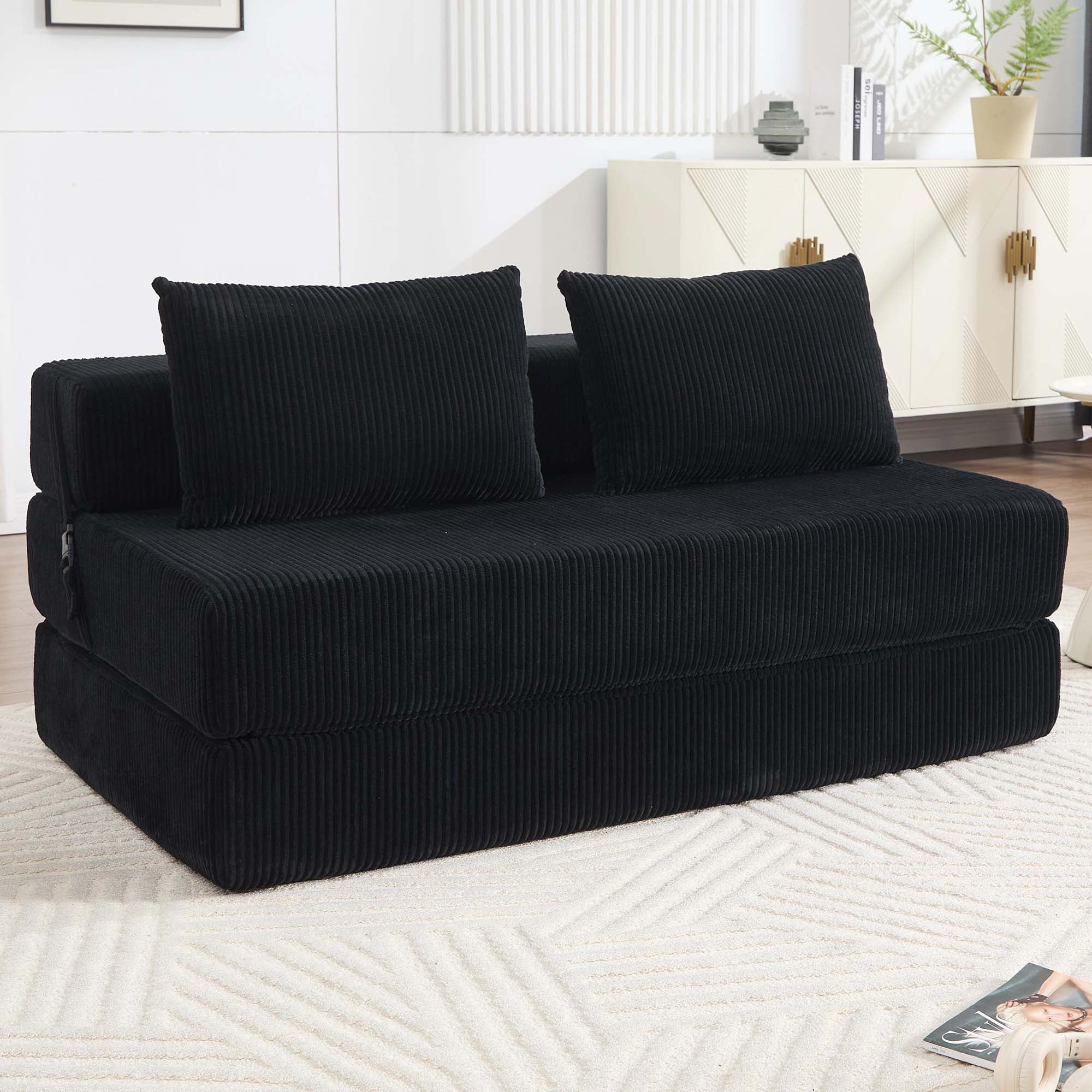Miniyam Black Heavy-Duty Sofa Bed, 55"x80" Ergonomic Sleeper Chair for Office, Converts from 33"W Seat to Guest Bed, Durable Foldable Design