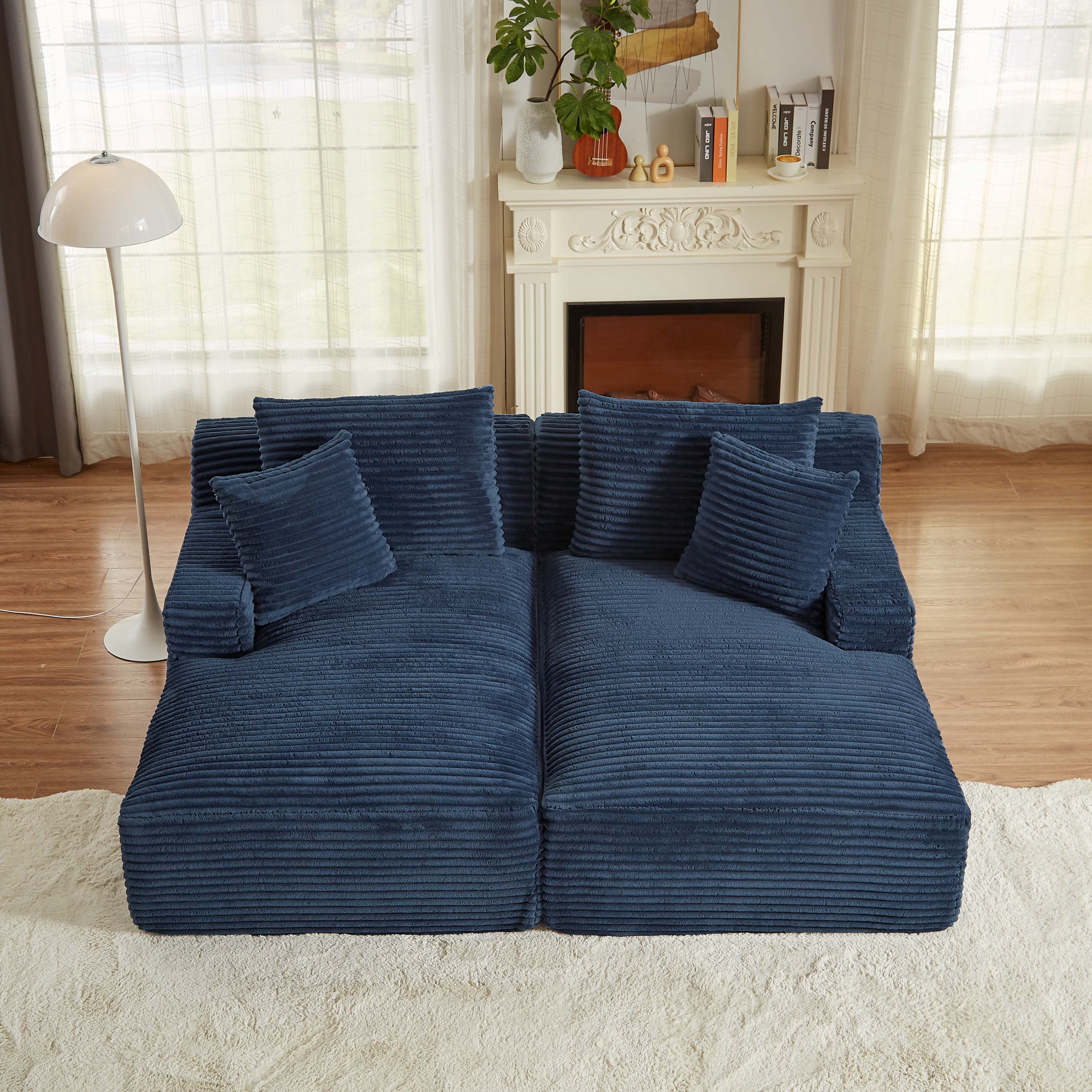 Miniyam Blue Compressible 2 Chaise Lounge - No Assembly Required, Fluffy Modern Sleeper Loveseat for Indoor Living Room Bedroom Reading