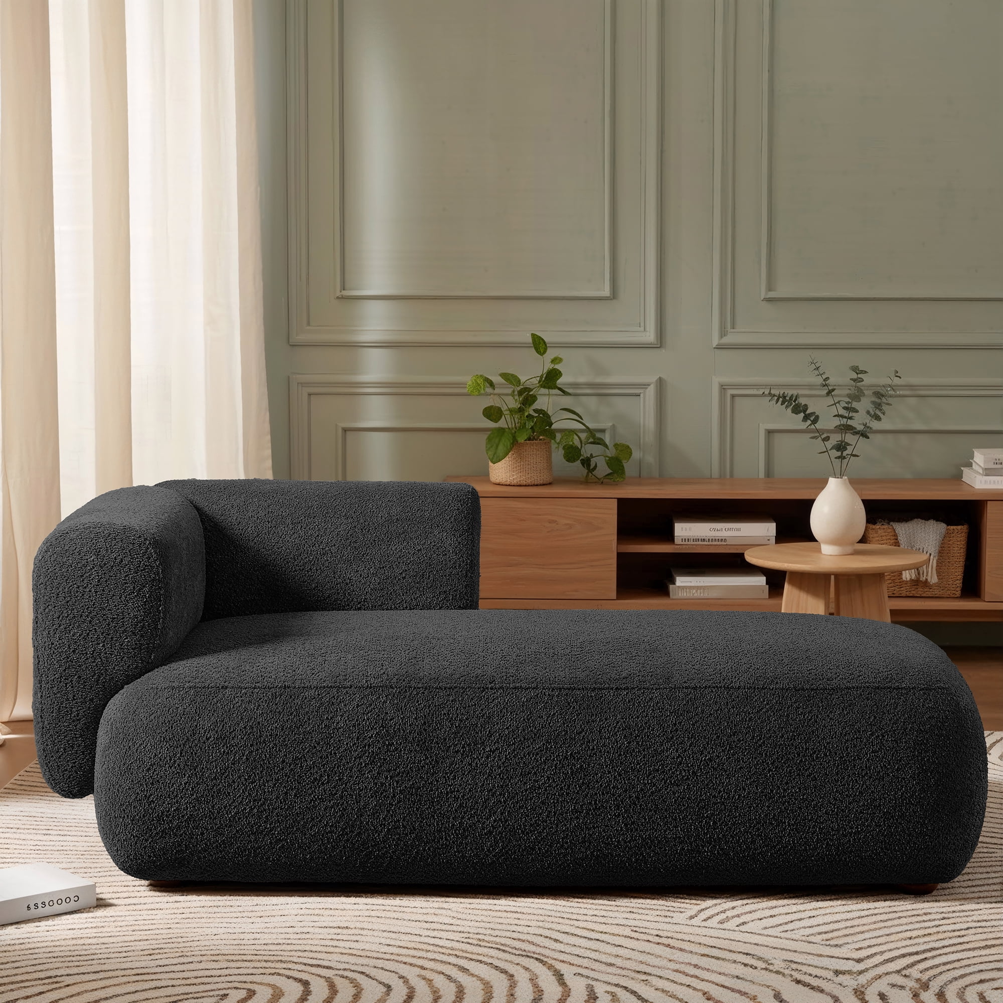 Miniyam Boucle Chaise Lounge Chair, One Arm Upholstered Chaise Sofa with Single-Sided Back and Legs for Living Room, Black