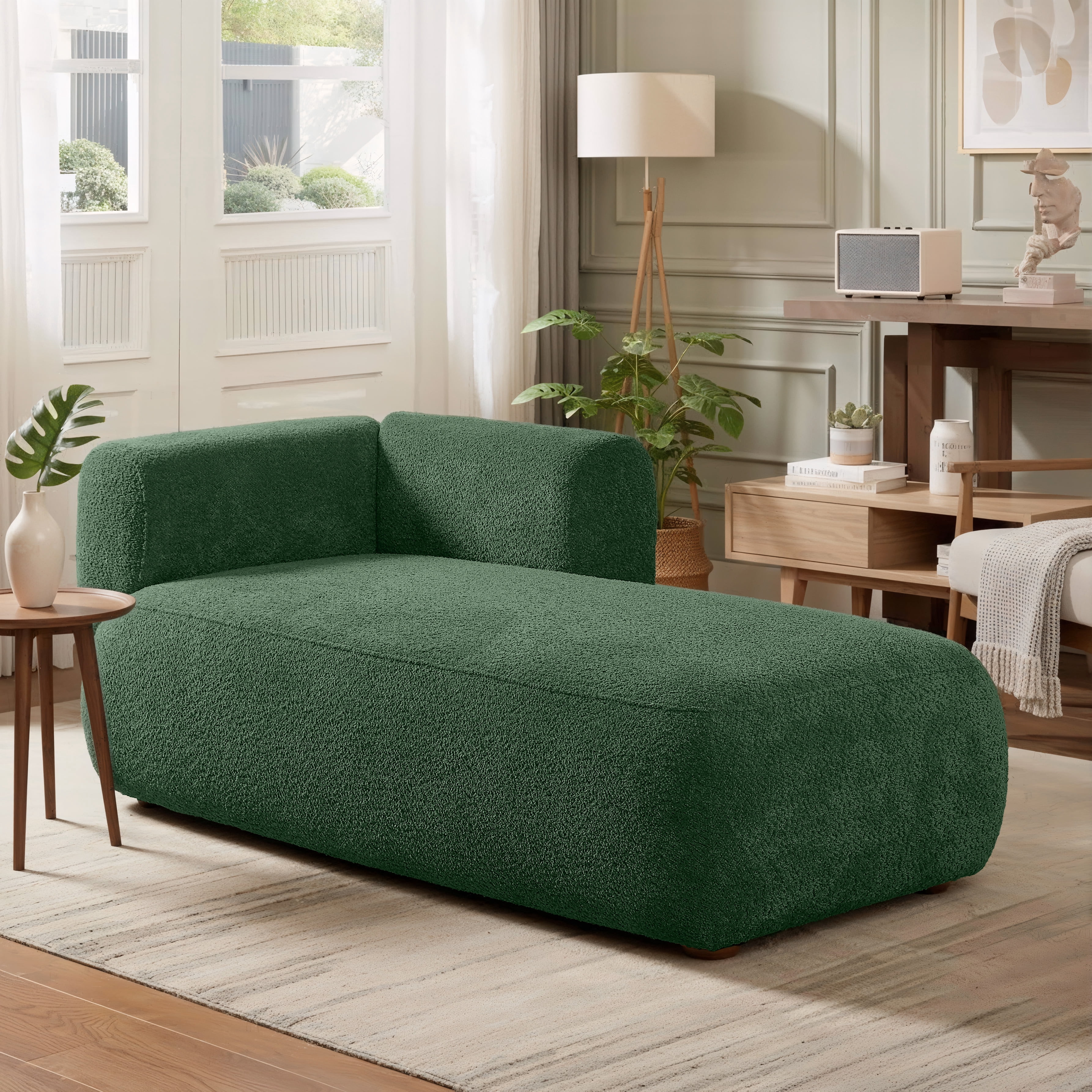 Miniyam Boucle Chaise Lounge Chair, One Arm Upholstered Chaise Sofa with Single-Sided Back and Legs for Living Room, Green