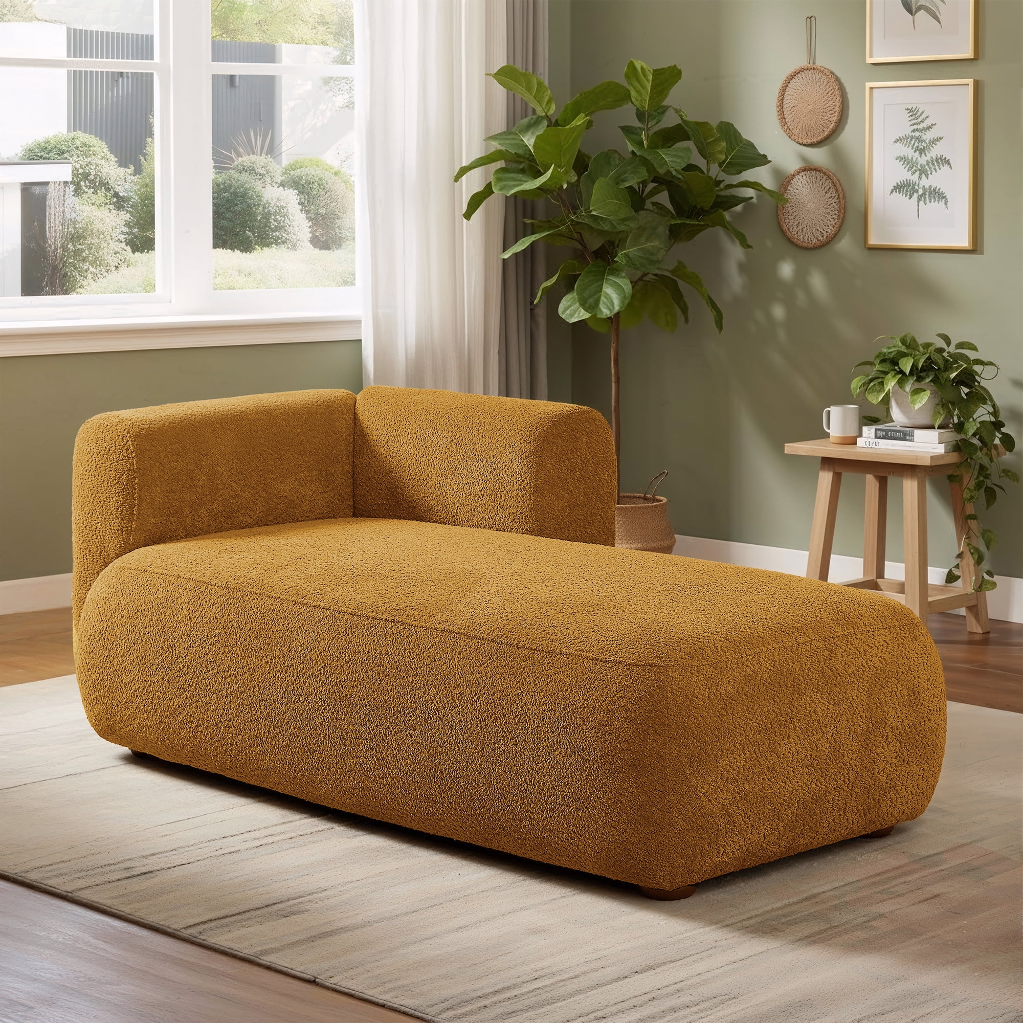 Miniyam Boucle Chaise Lounge Chair, One Arm Upholstered Chaise Sofa with Single-Sided Back and Legs for Living Room, Orange