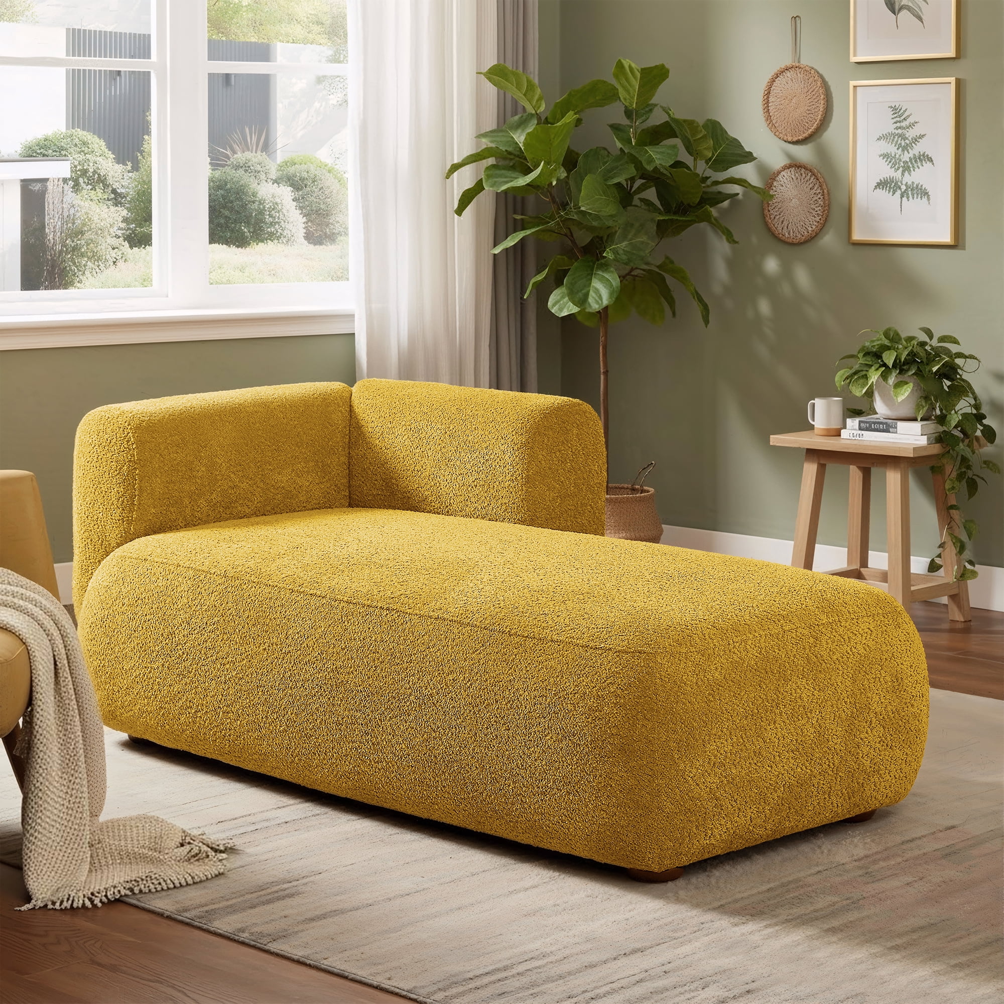 Miniyam Boucle Chaise Lounge Chair, One Arm Upholstered Chaise Sofa with Single-Sided Back and Legs for Living Room, Yellow